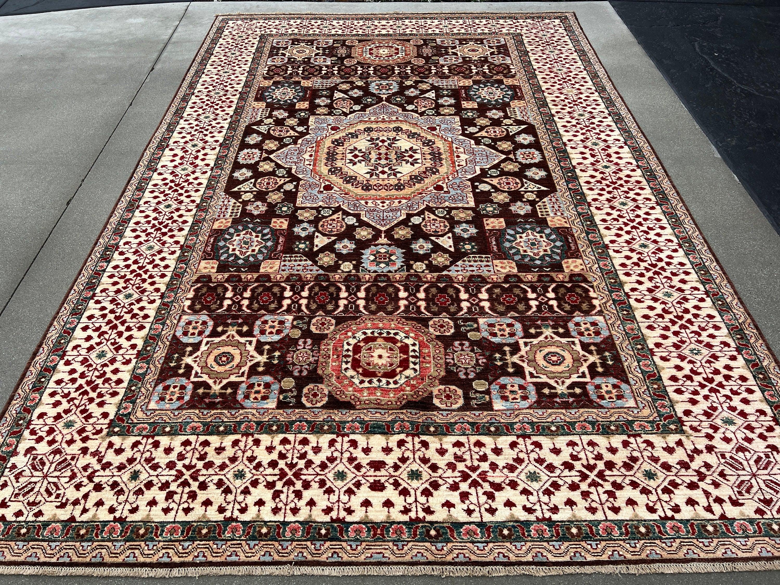 7x10 Handmade Afghan Rug | Chocolate Brown Brick Crimson Red Cream Beige Ivory Baby Blue Forest Green Golden Brown | Mamluk Medallion Heriz