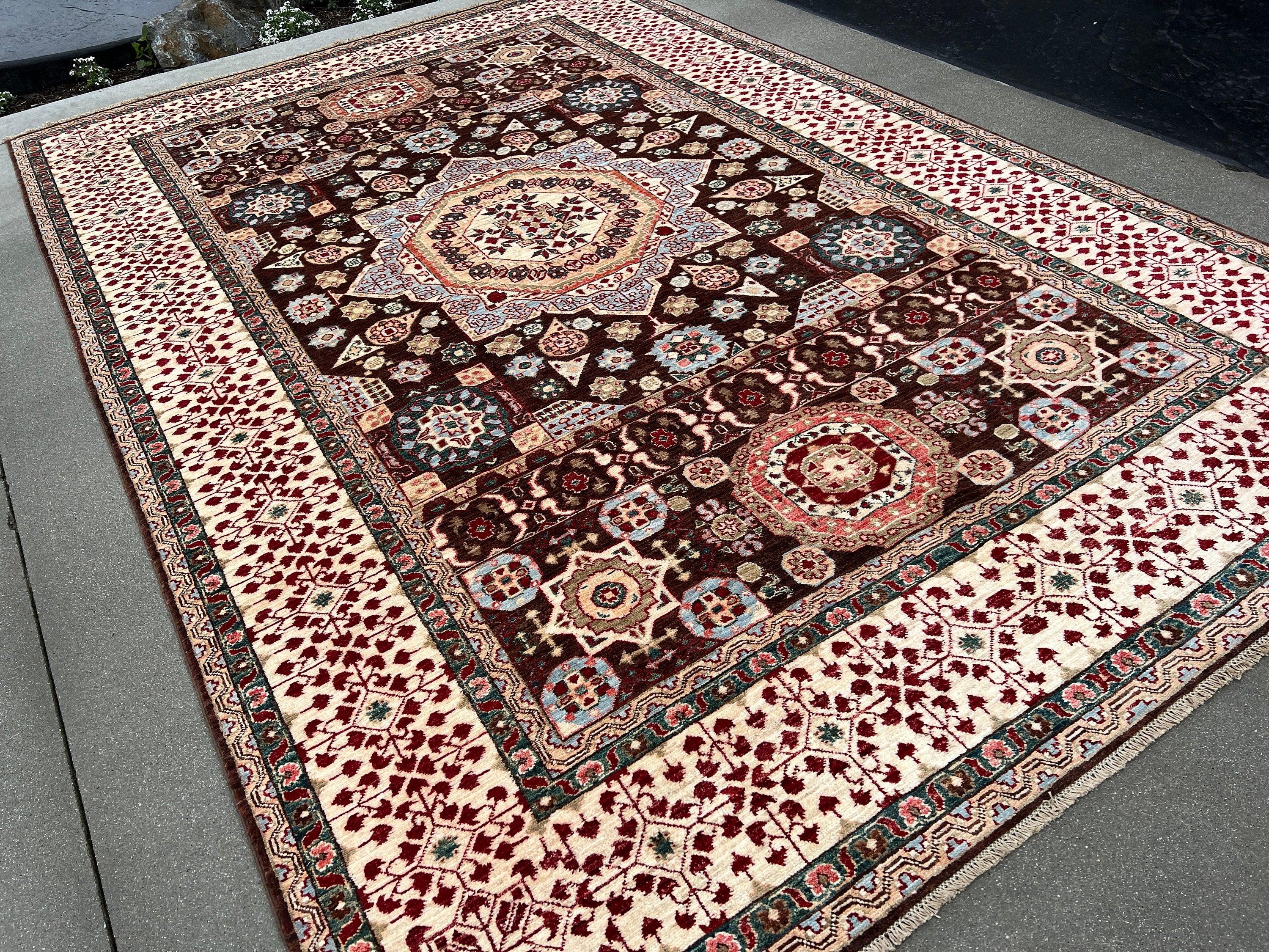 7x10 Handmade Afghan Rug | Chocolate Brown Brick Crimson Red Cream Beige Ivory Baby Blue Forest Green Golden Brown | Mamluk Medallion Heriz