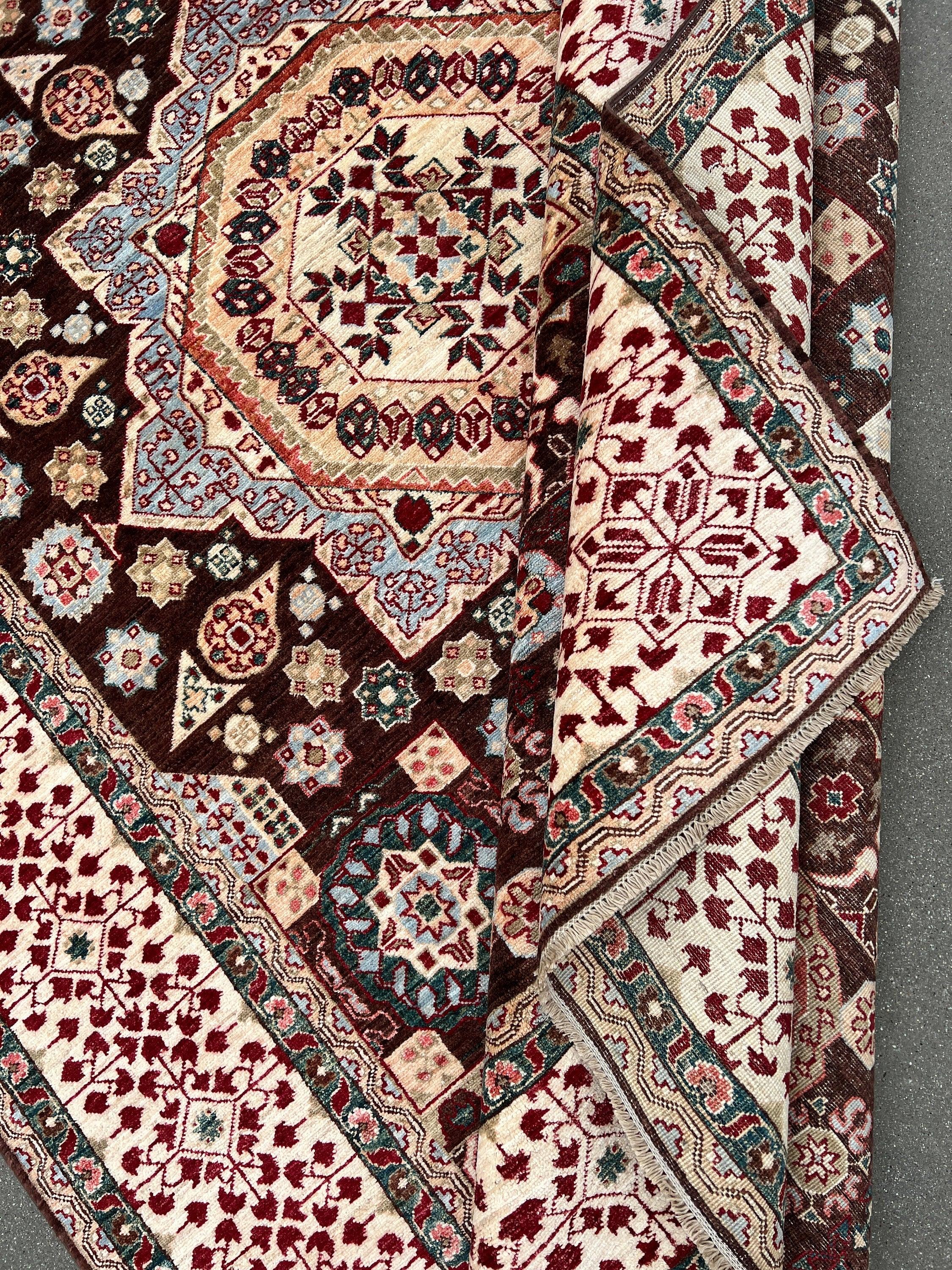 7x10 Handmade Afghan Rug | Chocolate Brown Brick Crimson Red Cream Beige Ivory Baby Blue Forest Green Golden Brown | Mamluk Medallion Heriz