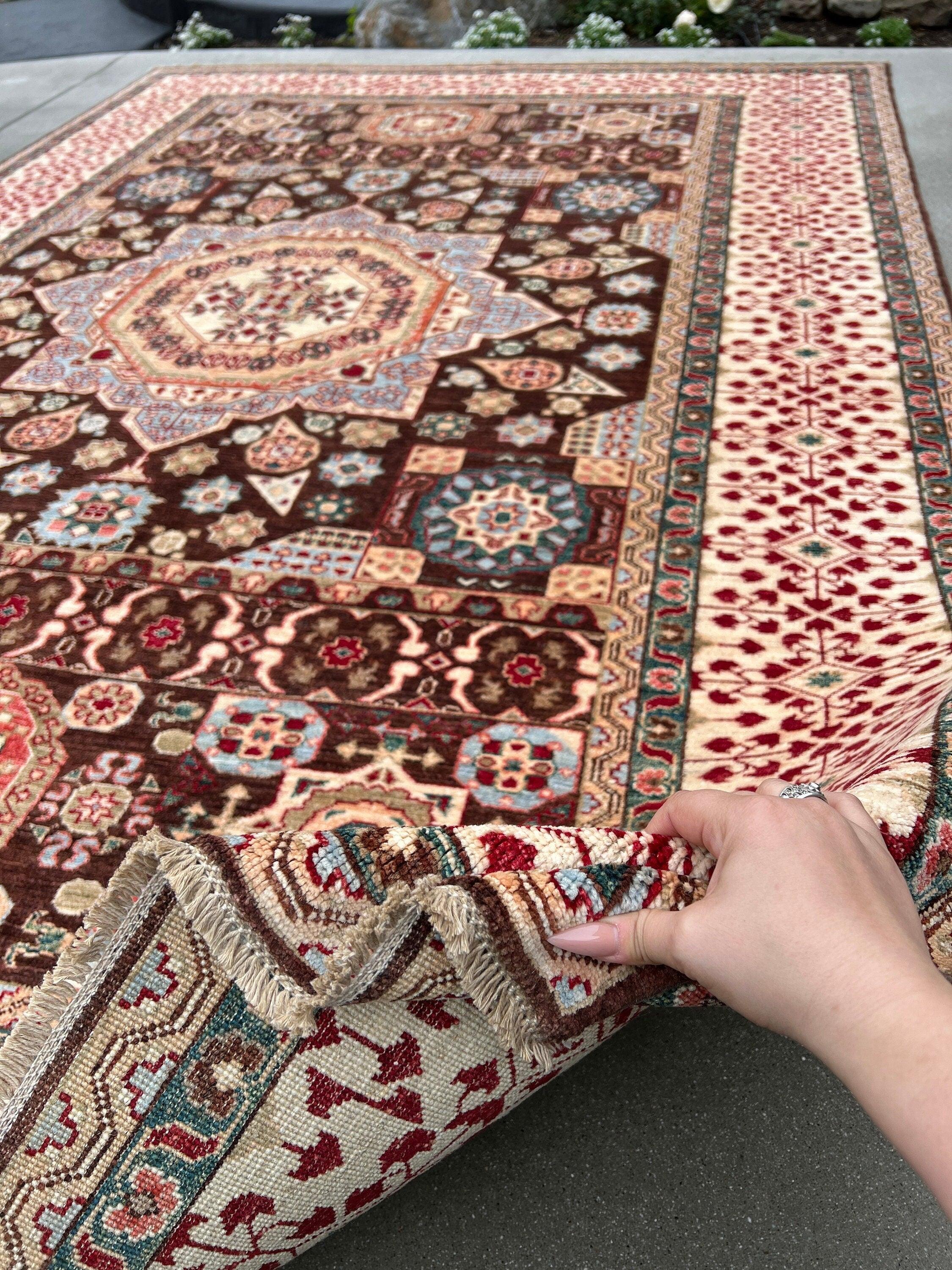 7x10 Handmade Afghan Rug | Chocolate Brown Brick Crimson Red Cream Beige Ivory Baby Blue Forest Green Golden Brown | Mamluk Medallion Heriz