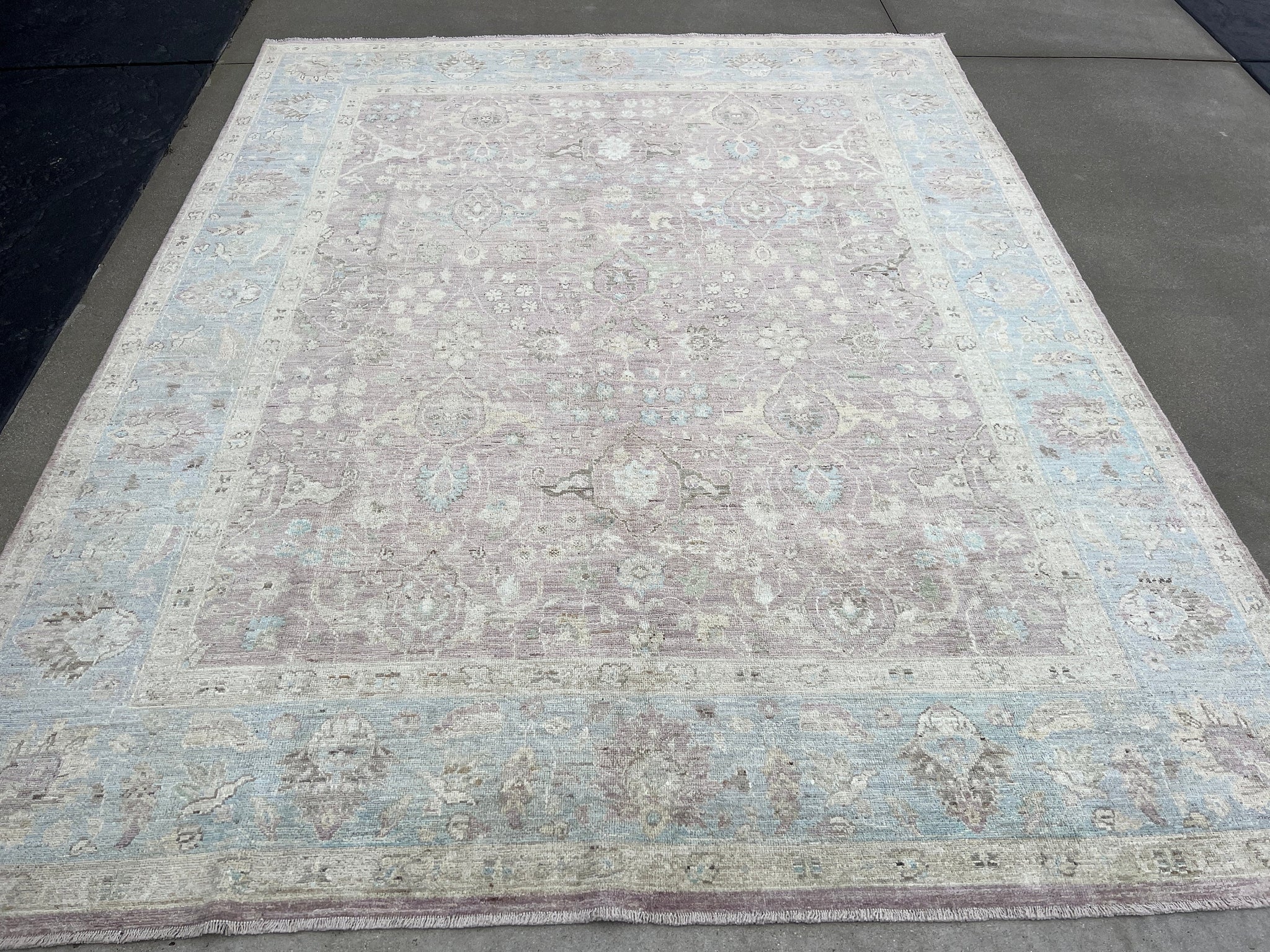 8x10 Handmade Afghan Rug | Neutral Muted Mauve Grey Sky Blue Moss Green Ivory Cream | Turkish Oushak Persian Oriental Bohemian Hand Knotted