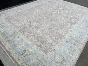 8x10 Handmade Afghan Rug | Neutral Muted Mauve Grey Sky Blue Moss Green Ivory Cream | Turkish Oushak Persian Oriental Bohemian Hand Knotted