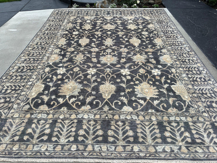 9x12 Handmade Afghan Rug | Neutral Charcoal Grey Beige Cream Ivory Brown | Turkish Oushak Hand Knotted Wool Boho Tribal Bohemian Moroccan