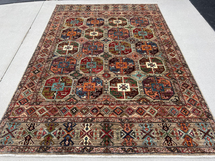 6x8 Handmade Afghan Rug | Grey Orange Red Turquoise Blue Olive Green White Ivory Brown Black | Hand Knotted Persian Boho Bohemian Oushak