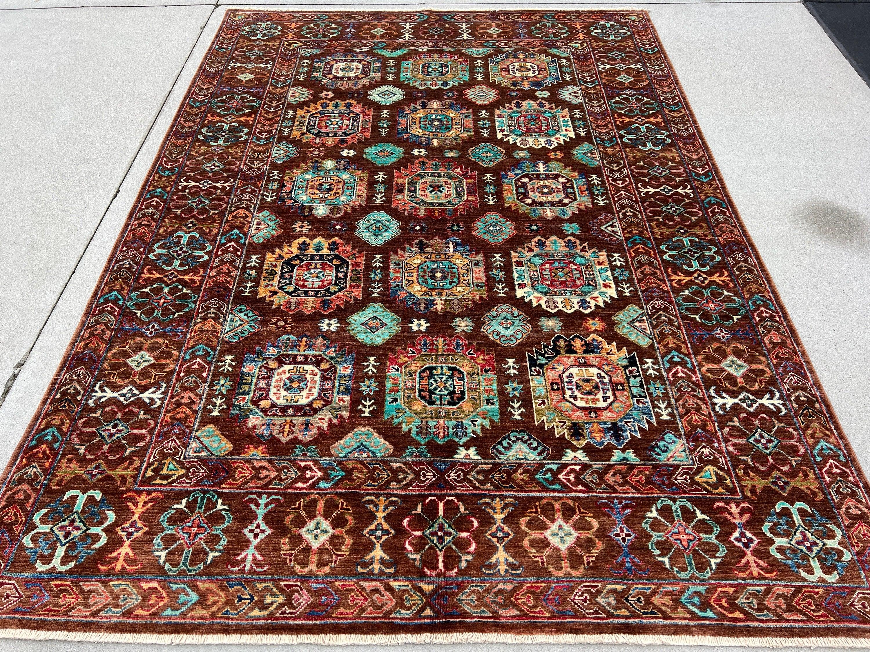 6x8 Handmade Afghan Rug | Brown Teal Turquoise Green Orange Blue Ivory | Hand Knotted Persian Bohemian Boho Oushak Heriz Serapi Wool