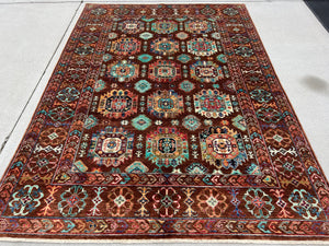 6x8 Handmade Afghan Rug | Brown Teal Turquoise Green Orange Blue Ivory | Hand Knotted Persian Bohemian Boho Oushak Heriz Serapi Wool