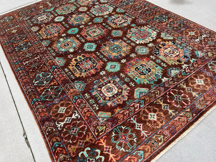 6x8 Handmade Afghan Rug | Brown Teal Turquoise Green Orange Blue Ivory | Hand Knotted Persian Bohemian Boho Oushak Heriz Serapi Wool