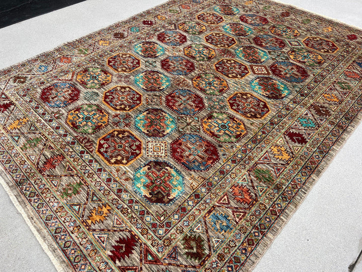 6x8 Handmade Afghan Rug | Brown Grey Orange Red Turquoise Blue Green White Black Golden Yellow Maroon | Hand Knotted Persian Boho Bohemian