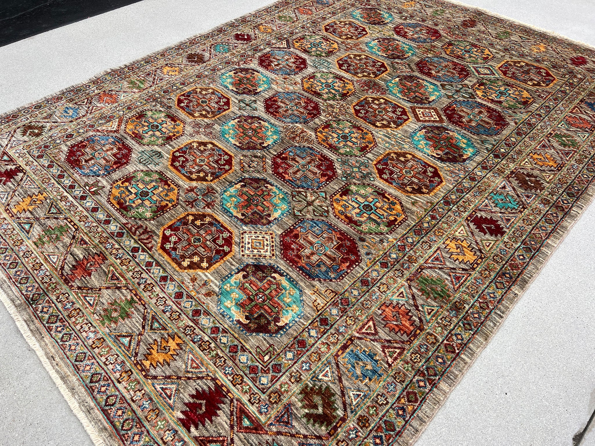 6x8 Handmade Afghan Rug | Brown Grey Orange Red Turquoise Blue Green White Black Golden Yellow Maroon | Hand Knotted Persian Boho Bohemian