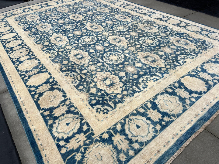 10x14 Handmade Afghan Rug | Denim Blue Cream Beige Gold Ivory Light Grey Brown | Turkish Oushak Boho Hand Knotted Persian Heriz Serapi