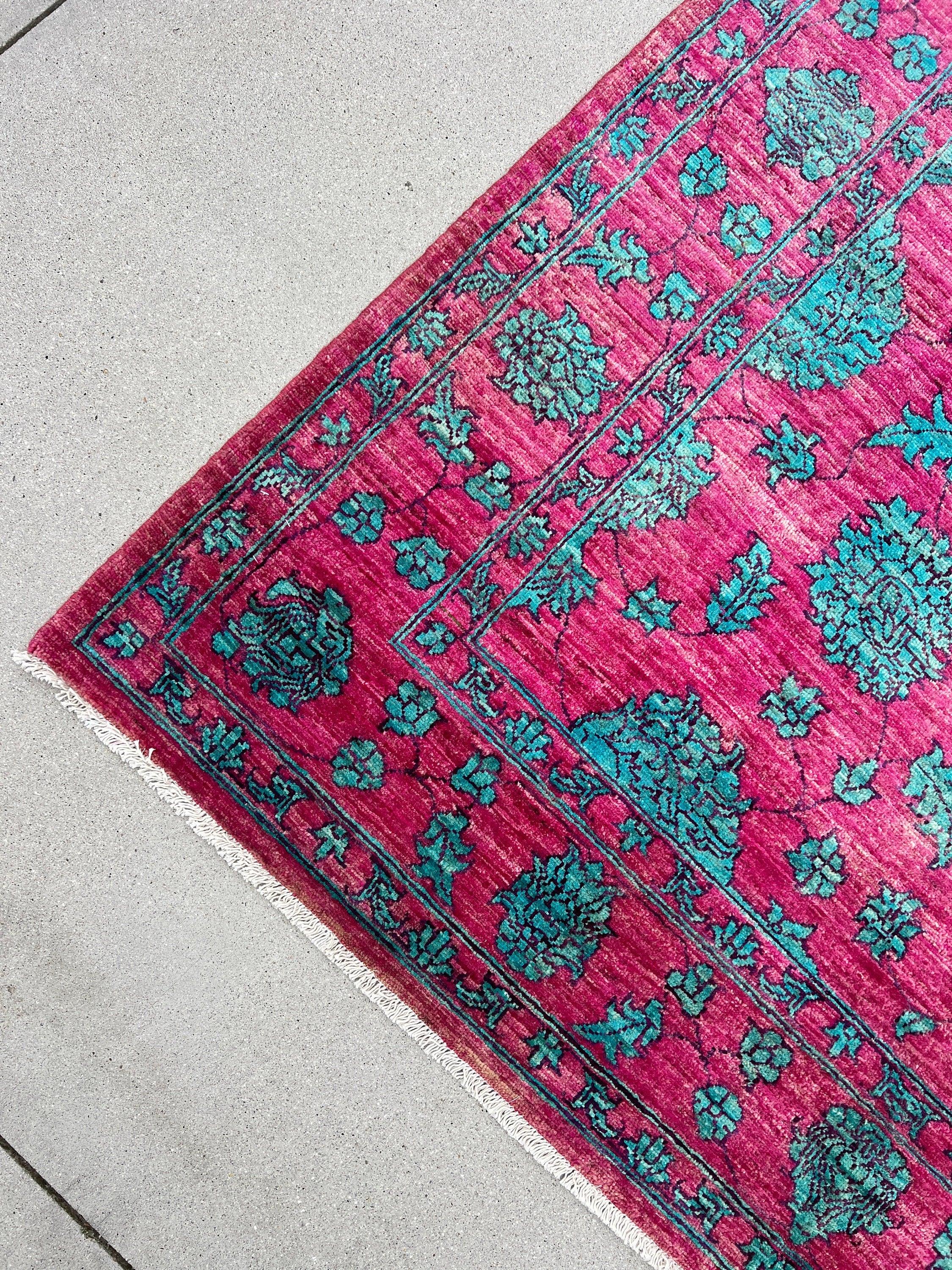 6x8 Handmade Afghan Rug | Fuchsia Pink Turquoise Sky Blue Black | Hand Knotted Persian Boho Bohemian Oushak Heriz Serapi Bold