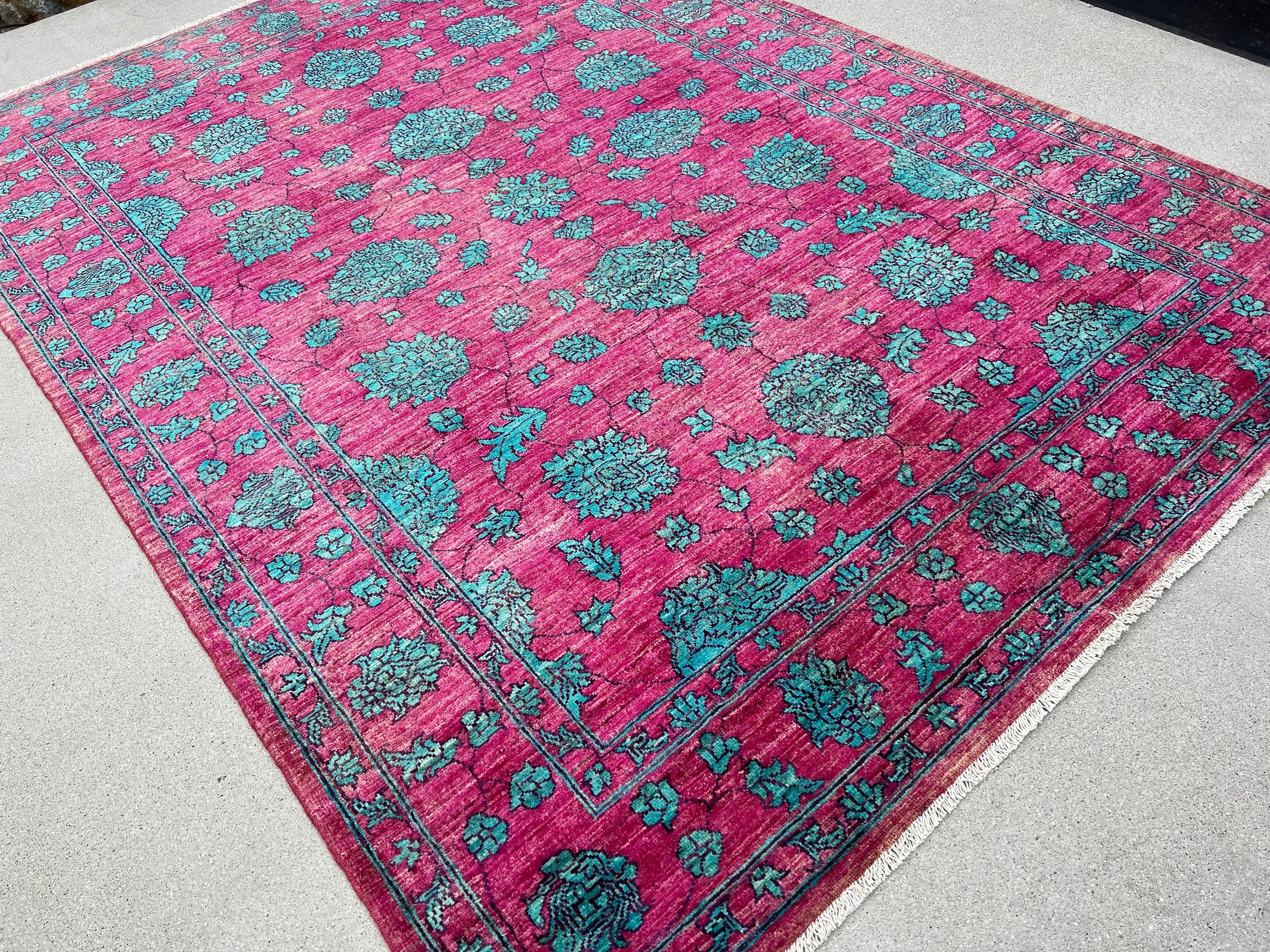 6x8 Handmade Afghan Rug | Fuchsia Pink Turquoise Sky Blue Black | Hand Knotted Persian Boho Bohemian Oushak Heriz Serapi Bold