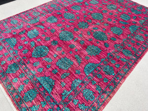 6x8 Handmade Afghan Rug | Fuchsia Pink Turquoise Sky Blue Black | Hand Knotted Persian Boho Bohemian Oushak Heriz Serapi Bold