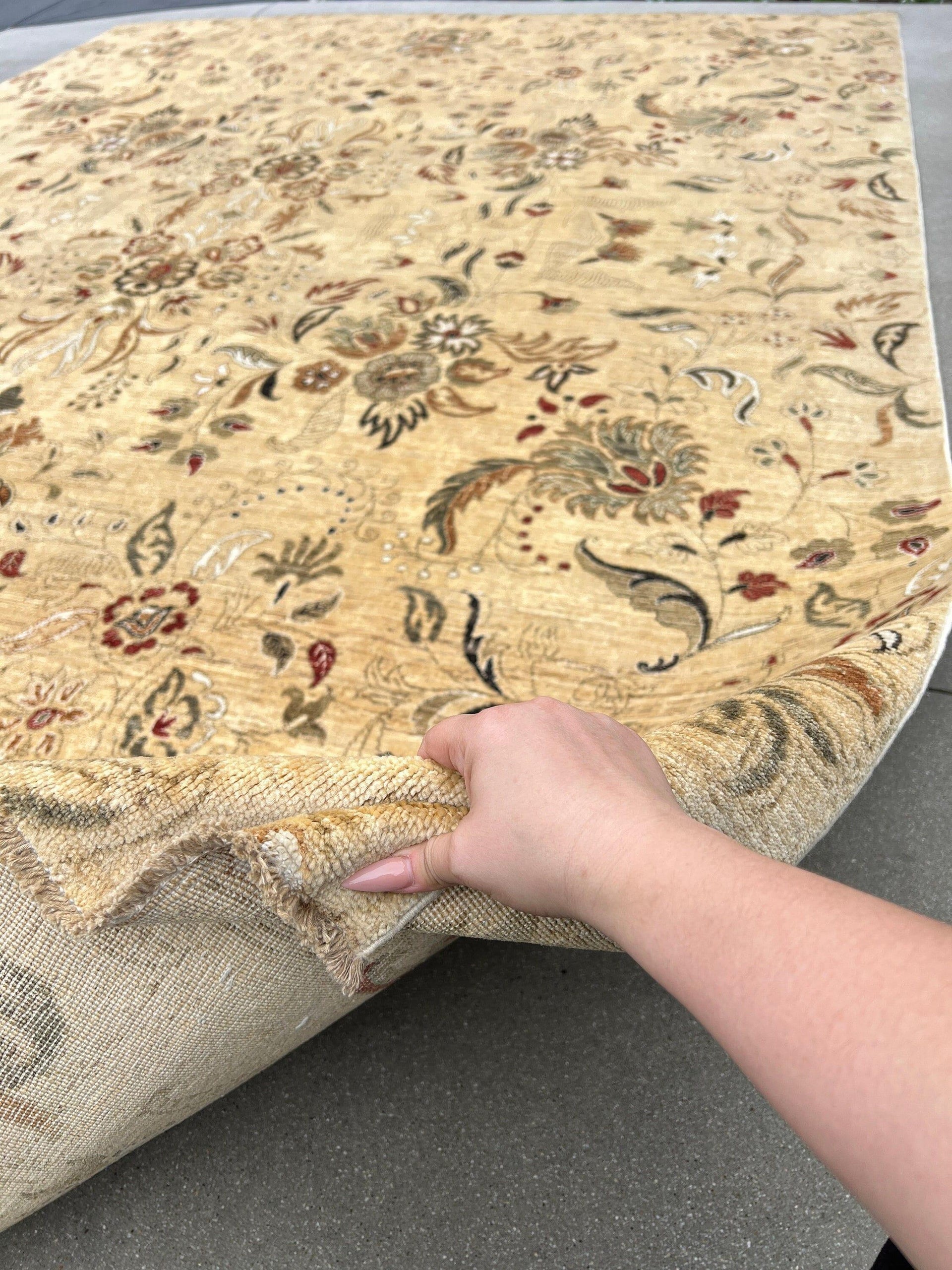 9x12 Handmade Afghan Rug | Beige Sage Green White Black Wine Red Caramel Golden Brown Grey Gray | Hand Knotted Wool Boho Tribal Flowers