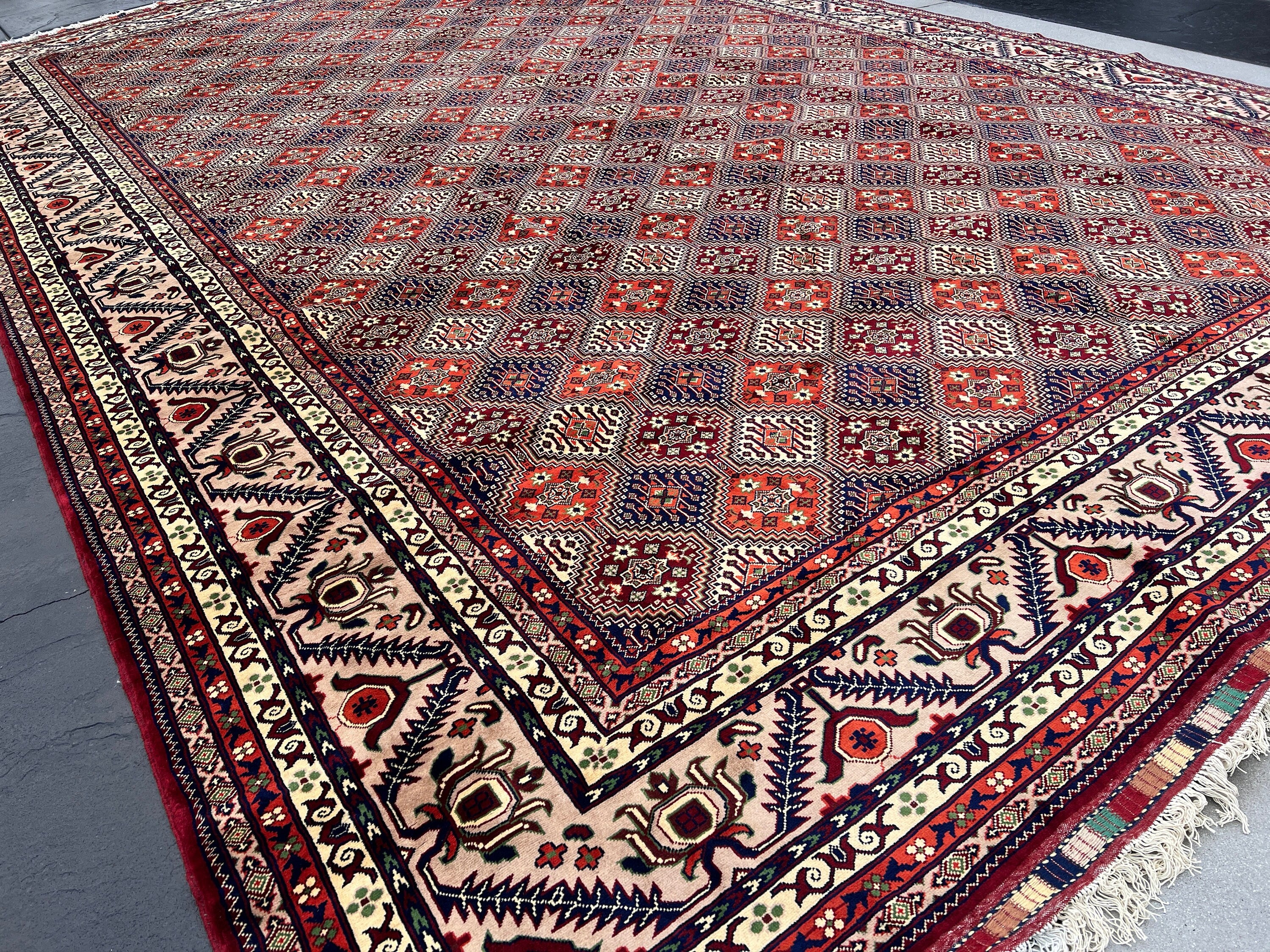 13x20 Handmade Afghan Rug | Red Maroon Blood Orange Royal Blue Green Teal Turquoise Cream Beige  | Turkish Oushak Boho Bohemian