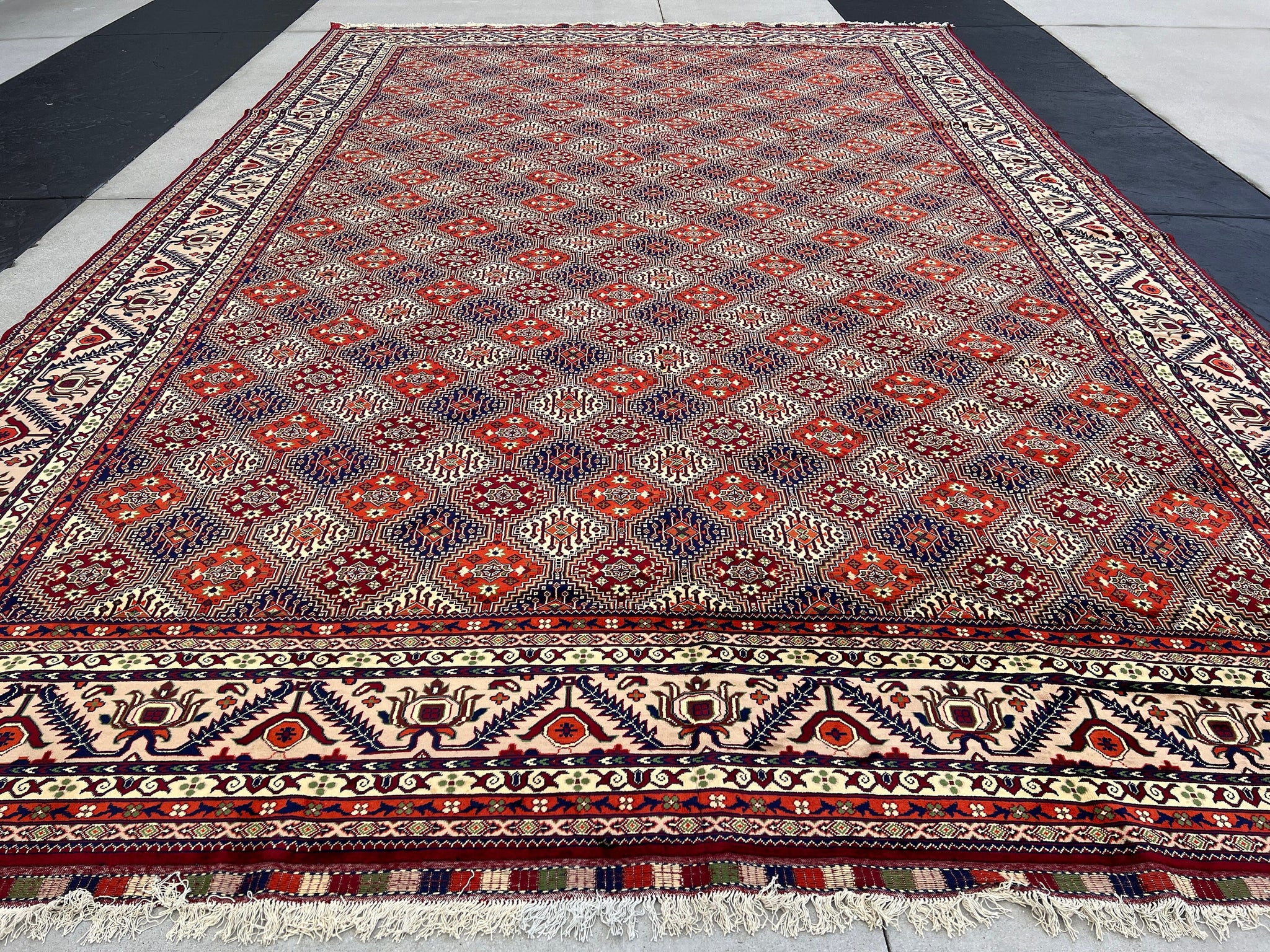 13x20 Handmade Afghan Rug | Red Maroon Blood Orange Royal Blue Green Teal Turquoise Cream Beige  | Turkish Oushak Boho Bohemian