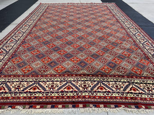 13x20 Handmade Afghan Rug | Red Maroon Blood Orange Royal Blue Green Teal Turquoise Cream Beige  | Turkish Oushak Boho Bohemian