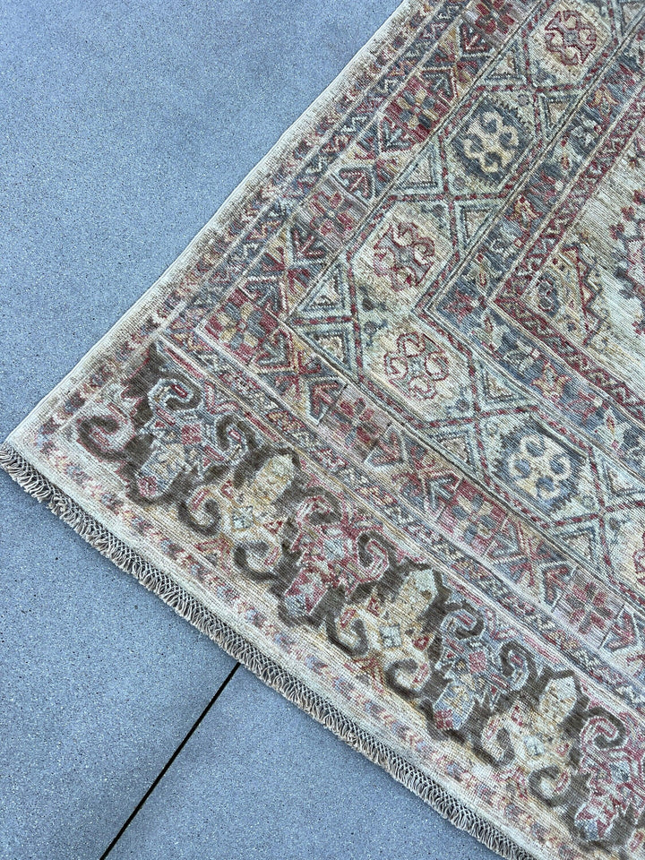 8x16 Handmade Afghan Rug | Neutral Beige Cream Rust Brown Olive Green Grey Red Tan Blue | Turkish Oushak Boho Bohemian Knotted Moroccan Wool