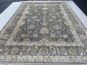 9x12 Handmade Afghan Rug | Grey Gray Muted Mocha Brown Ivory Cream White Oriental Persian Wool Boho Bohemian Wool Floral Knotted