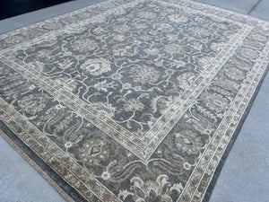 9x12 Handmade Afghan Rug | Grey Gray Muted Mocha Brown Ivory Cream White Oriental Persian Wool Boho Bohemian Wool Floral Knotted
