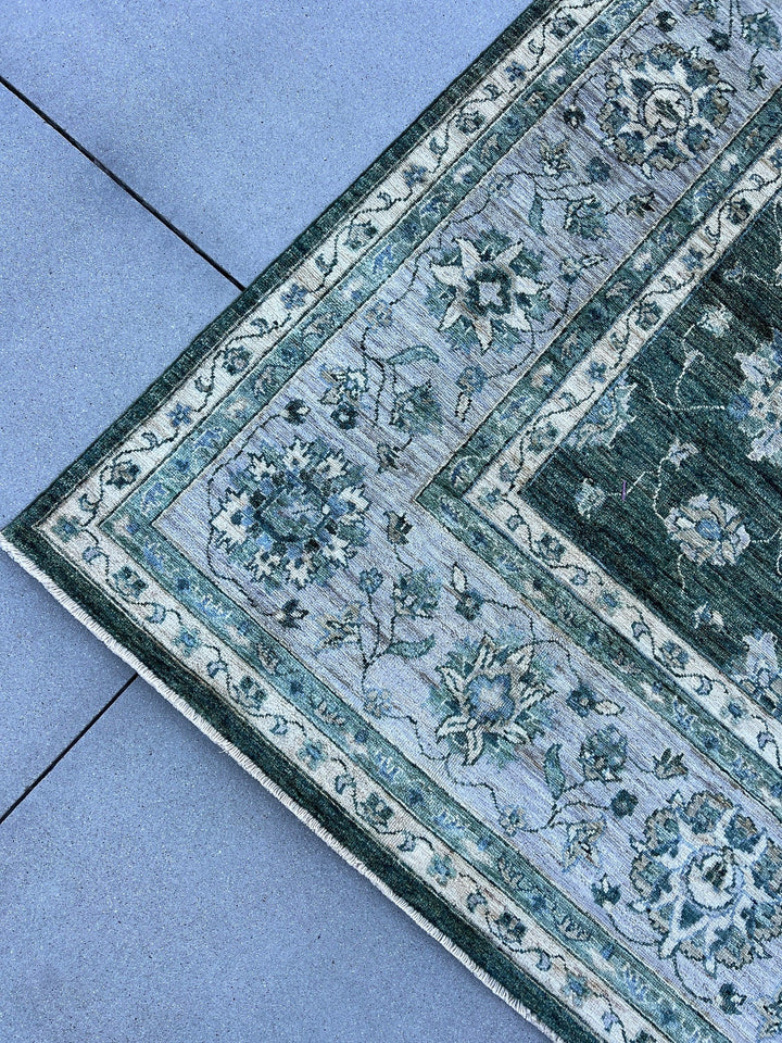 8x11 Handmade Afghan Rug | Forest Green Grey Cream Charcoal | Turkish Oushak Vintage Persian Tribal Floral Hand Knotted Wool Modern Tribal