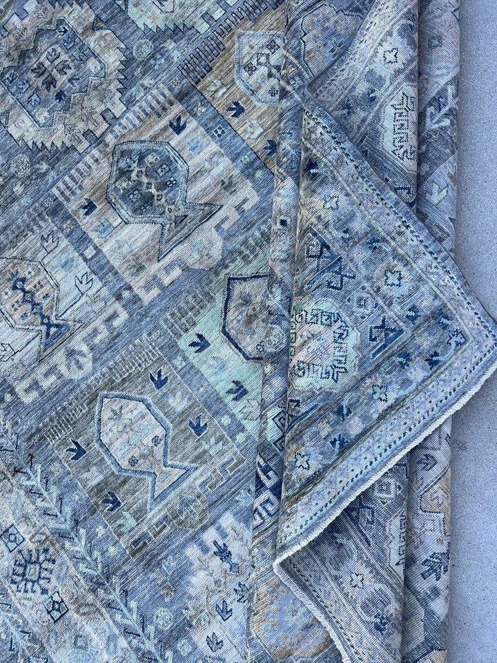 9x12 Muted Neutral Hand-Knotted Afghan Rug | Neutral Grey Charcoal Turquoise Beige Caramel Cream Navy Blue | Turkish Oushak Wool Tribal Boho