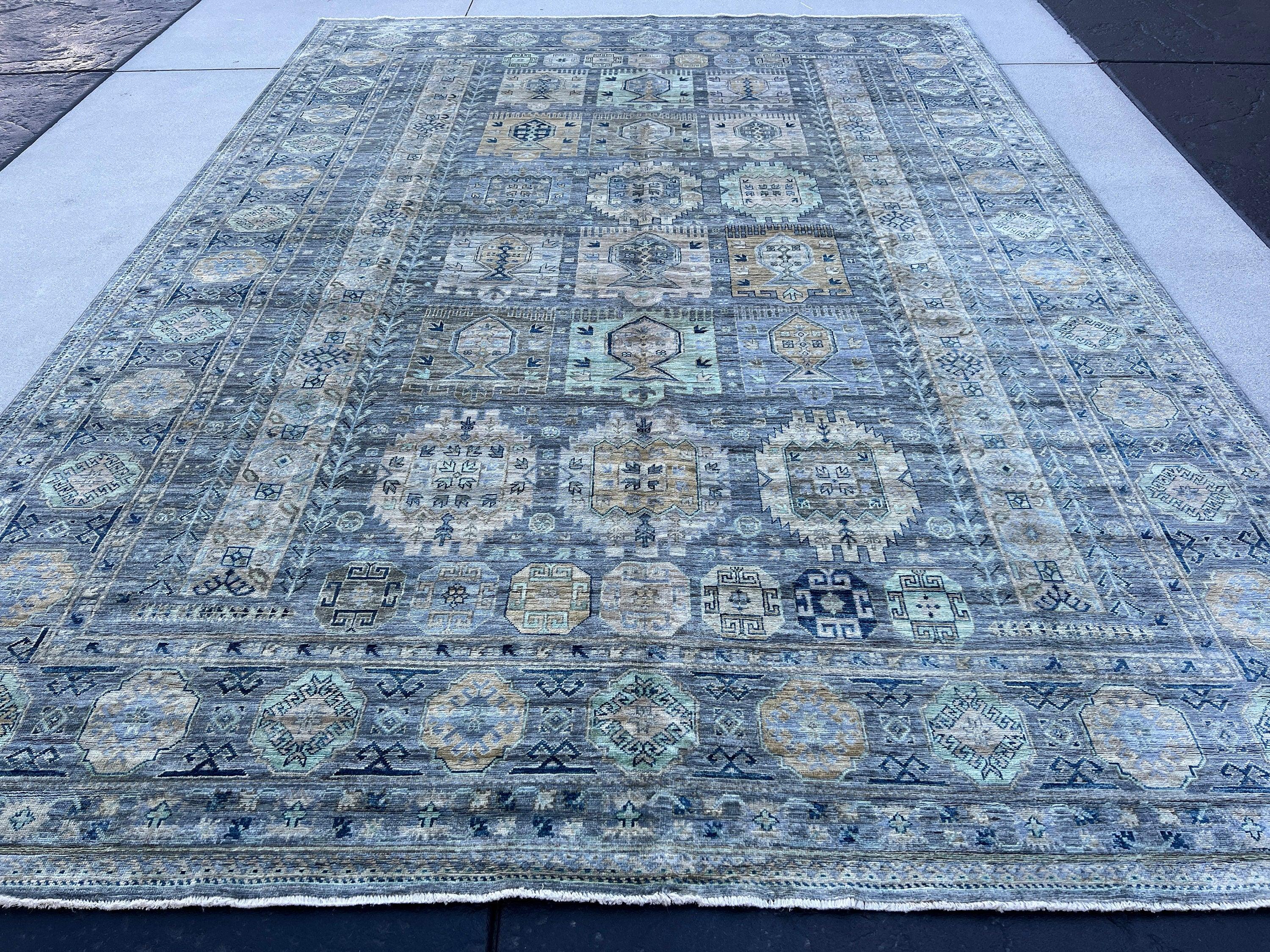 9x12 Muted Neutral Hand-Knotted Afghan Rug | Neutral Grey Charcoal Turquoise Beige Caramel Cream Navy Blue | Turkish Oushak Wool Tribal Boho