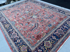 8x10 (245x305) Handmade Afghan Rug | Salmon Pink Navy Sky Blue Beige Cream Ivory Brick Red | Tribal Oriental Floral Wool Persian Heriz
