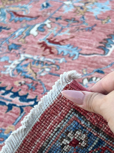 8x10 (245x305) Handmade Afghan Rug | Salmon Pink Navy Sky Blue Beige Cream Ivory Brick Red | Tribal Oriental Floral Wool Persian Heriz