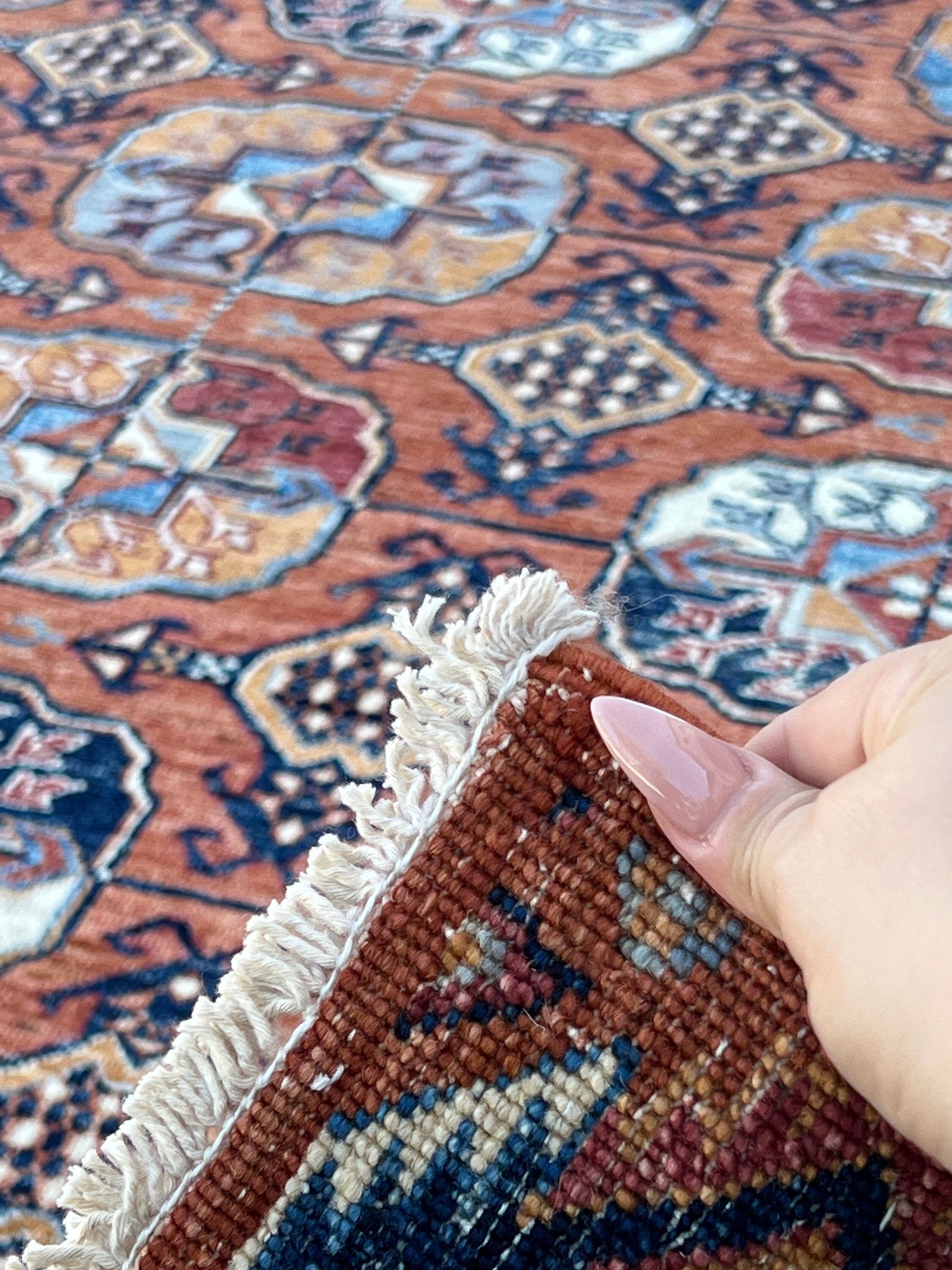 8x10 (245x305) Handmade Afghan Rug | Brown Caramel Gold Sky Navy Blue Cream Ivory | Tribal Oriental Floral Wool Persian Heriz Turkmen Woolen