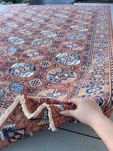 8x10 (245x305) Handmade Afghan Rug | Brown Caramel Gold Sky Navy Blue Cream Ivory | Tribal Oriental Floral Wool Persian Heriz Turkmen Woolen