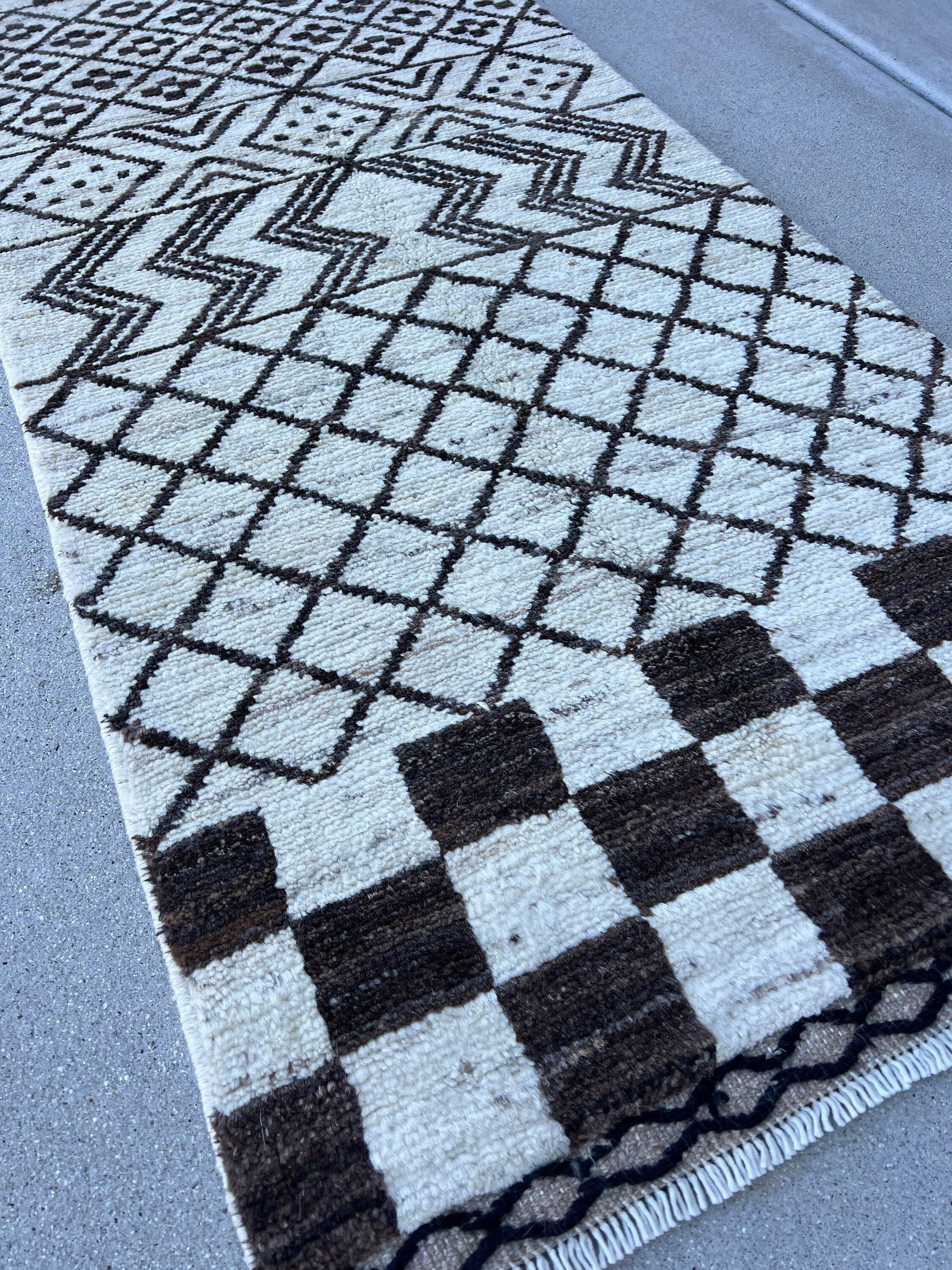 2X10 - 3X10 Handmade Afghan Moroccan Rug Runner | Cream Ivory Black | Berber Beni Ourain Wool Woolen Boho Bohemian Tribal Traditional Modern