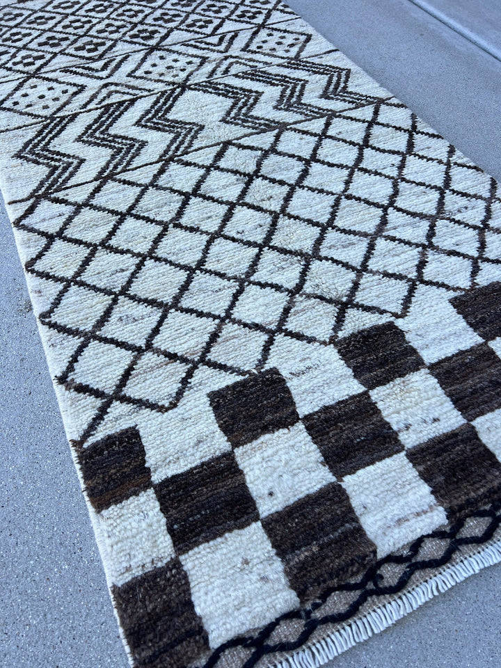 2X10 - 3X10 Handmade Afghan Moroccan Rug Runner | Cream Ivory Black | Berber Beni Ourain Wool Woolen Boho Bohemian Tribal Traditional Modern