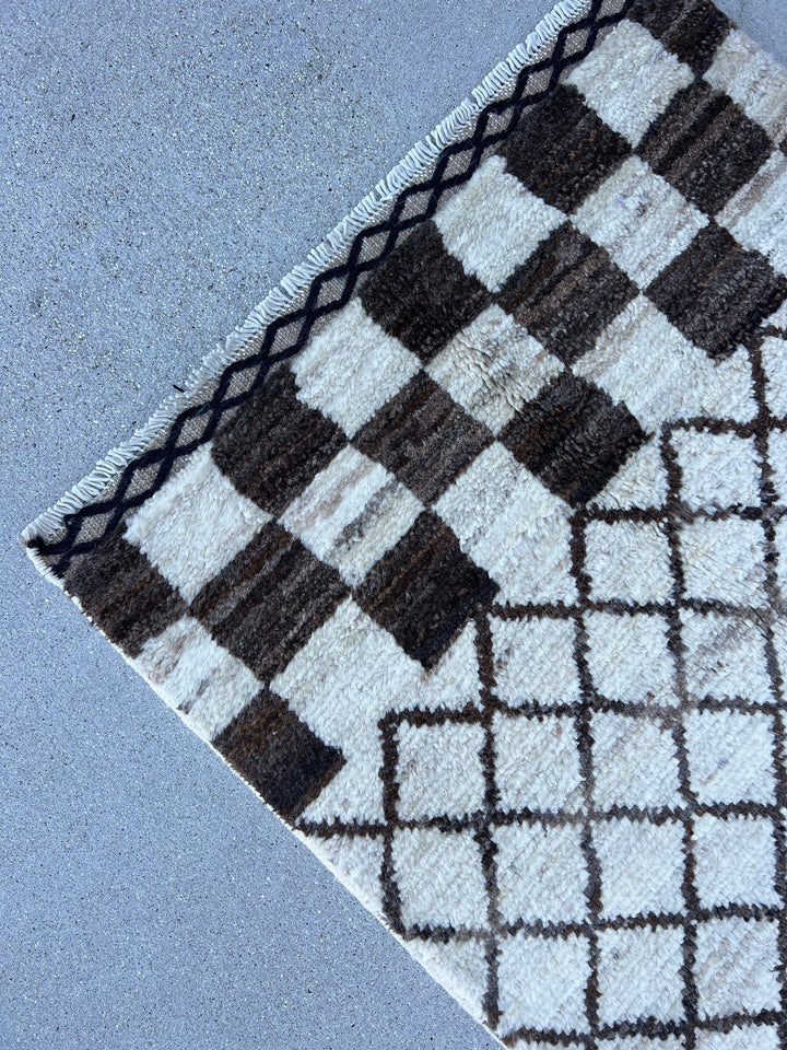 2X10 - 3X10 Handmade Afghan Moroccan Rug Runner | Cream Ivory Black | Berber Beni Ourain Wool Woolen Boho Bohemian Tribal Traditional Modern