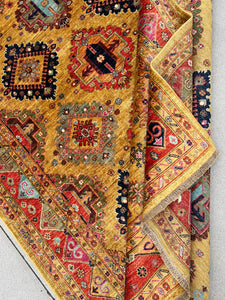 6x8 Handmade Afghan Rug | Golden Yellow, Red, Orange, Black, Brown, Sky Blue, Teal, Turquoise, Rose Pink, Olive Green, Beige, Ivory Turkish