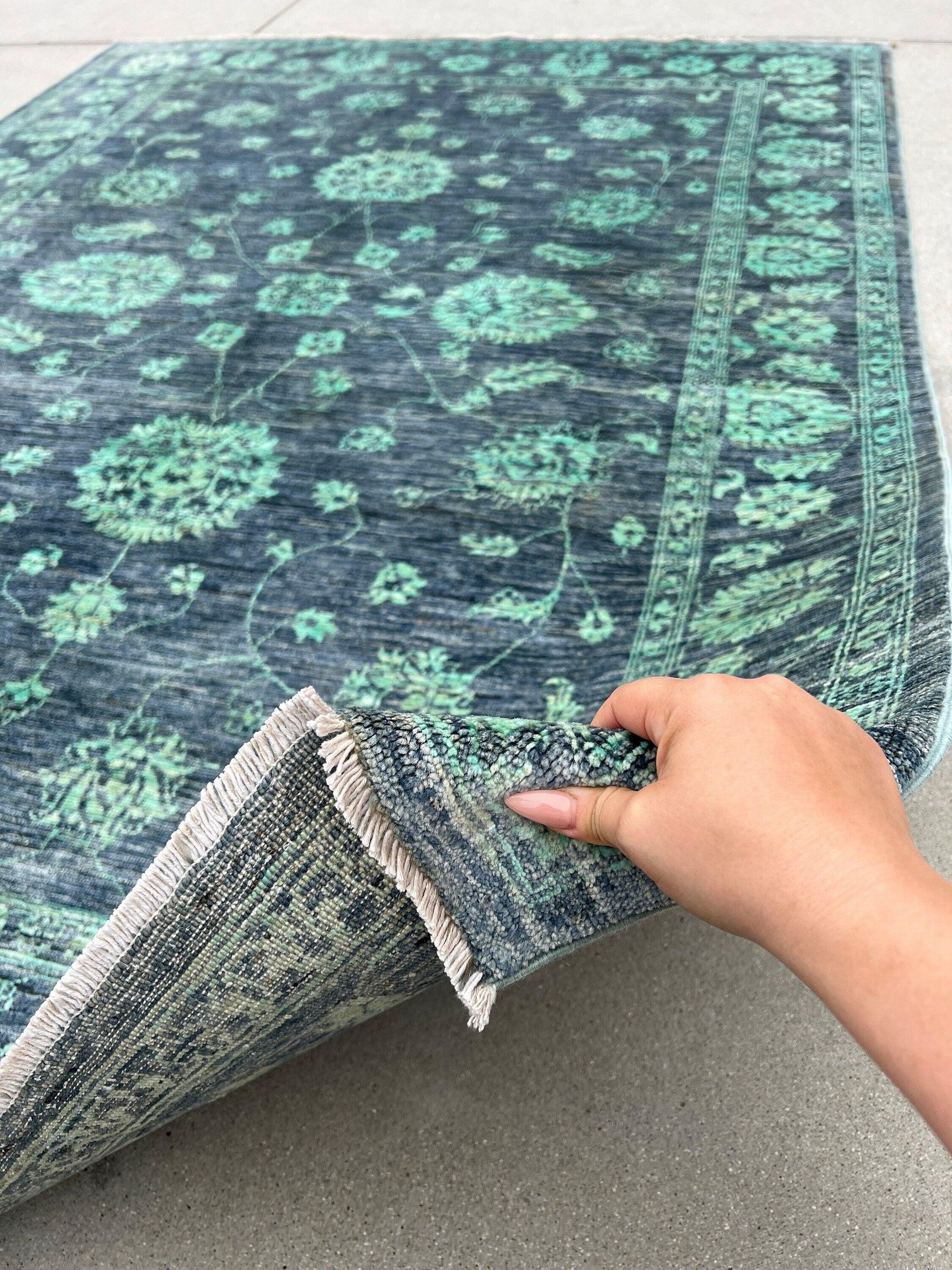 6x8 Handmade Afghan Rug | Grey Pine Green Ivory | Hand Knotted Persian Bohemian Boho Oushak Heriz Serapi Wool