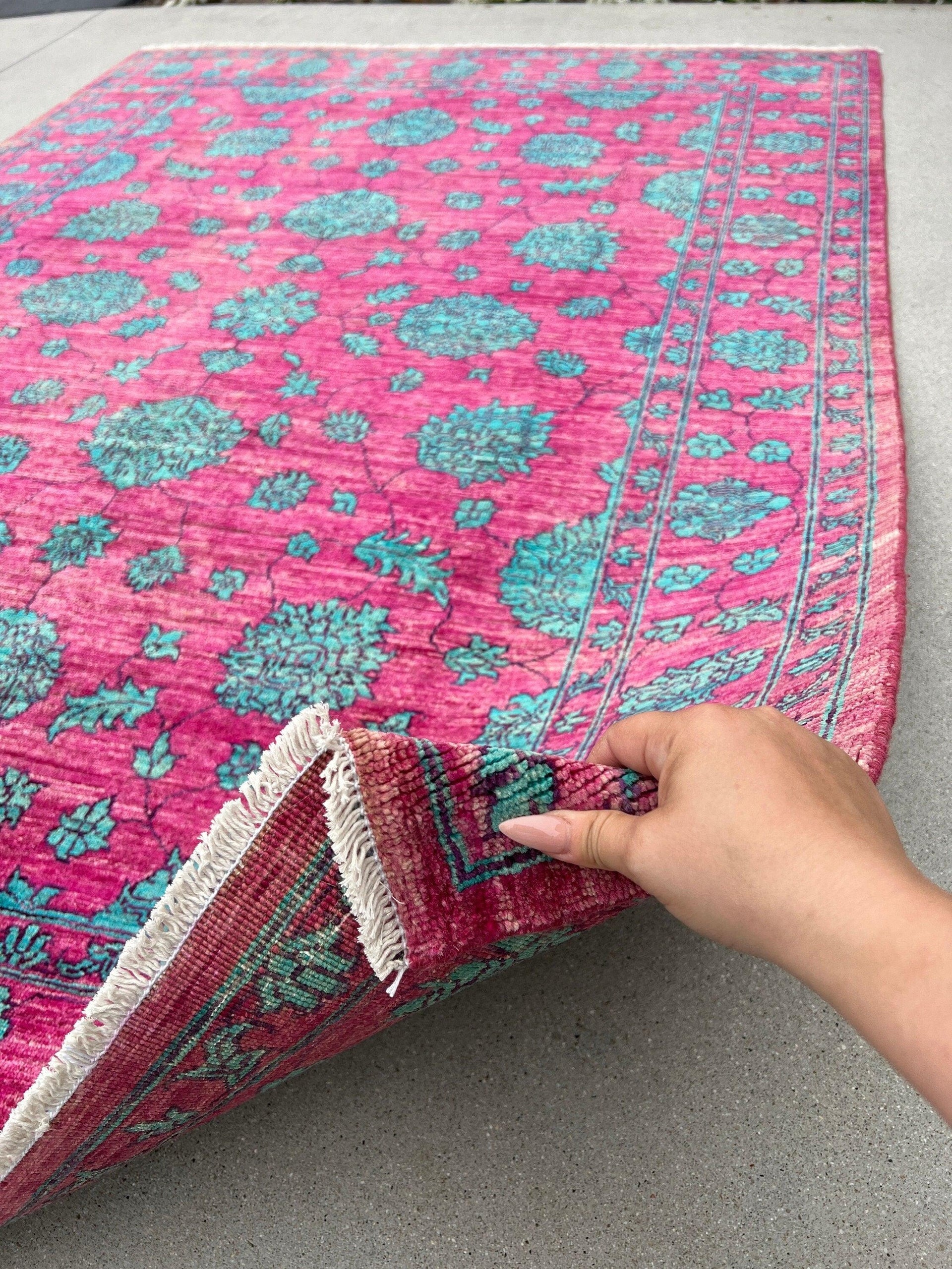 6x8 Handmade Afghan Rug | Fuchsia Pink Turquoise Sky Blue Black | Hand Knotted Persian Boho Bohemian Oushak Heriz Serapi Bold