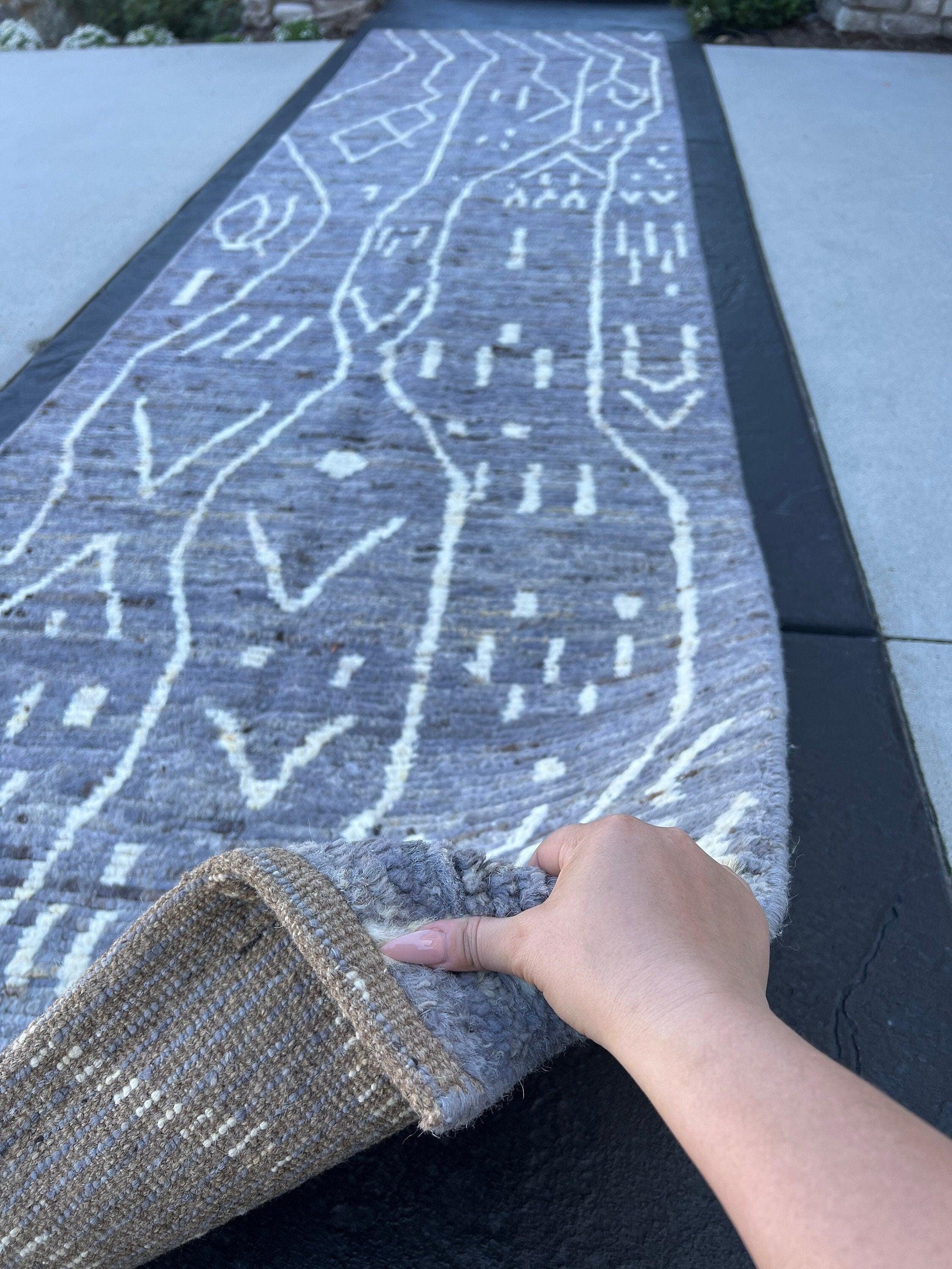 3x13 Handmade Afghan Moroccan Rug | Lavender Purple Ivory White Beige Brown | Berber Beni Mrirt Ourain Flokati Hallway Entryway Stairs Plush