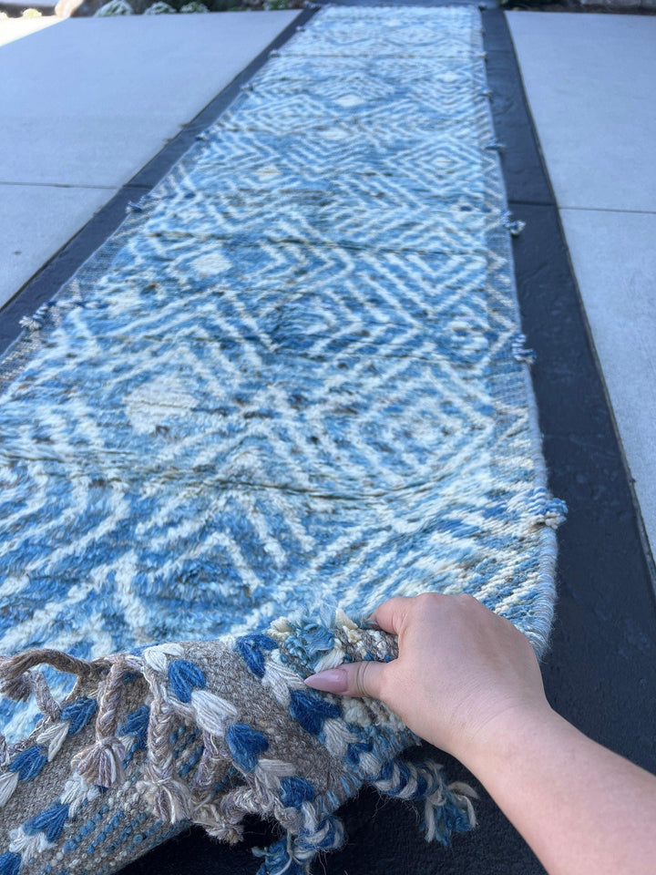 3x16 Handmade Afghan Moroccan Rug | Sky Blue Ivory Grey | Berber Beni Mrirt Ourain Flokati Hallway Entryway Stairs Plush Shag Oushak Persian