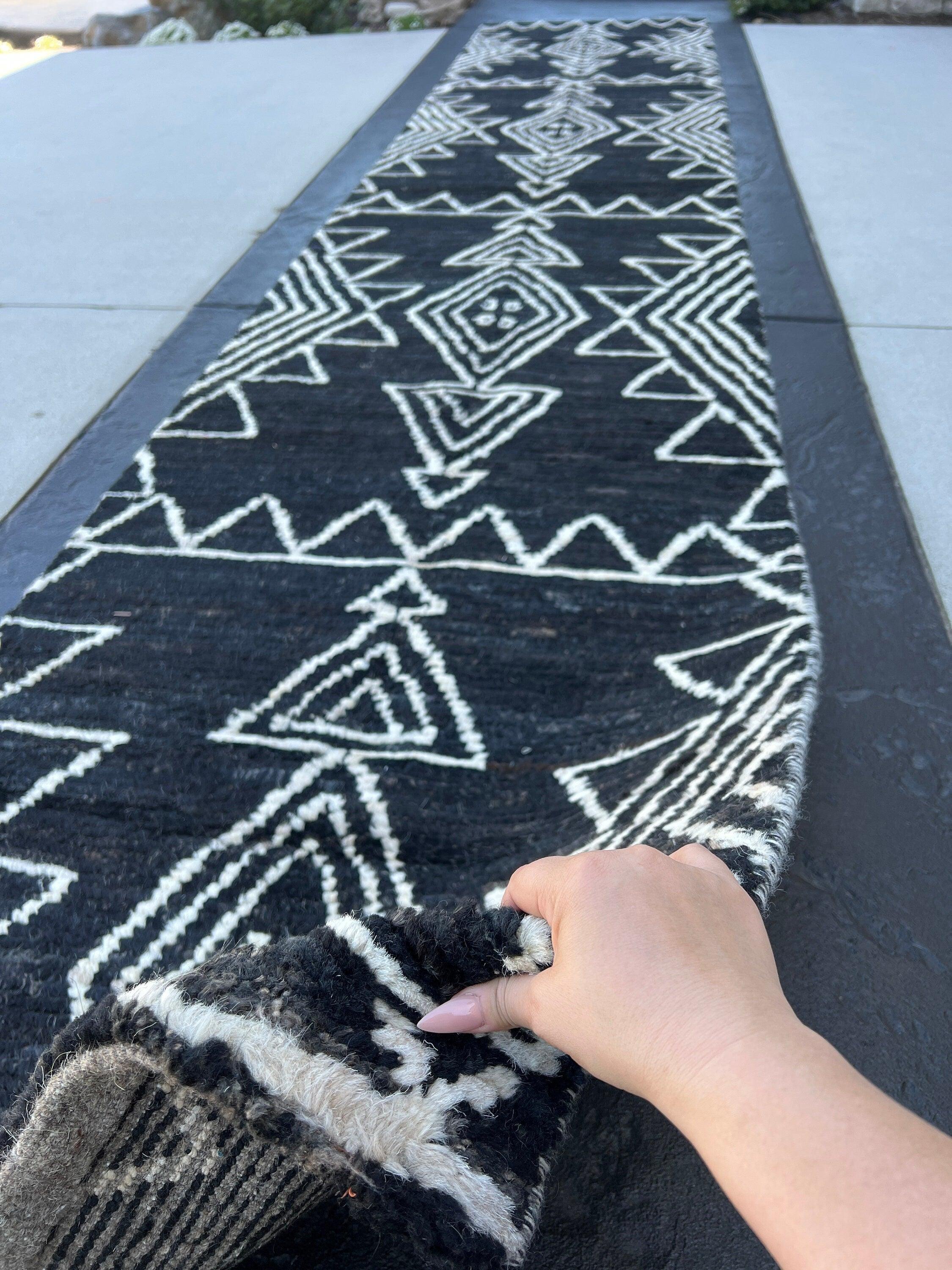 3x16 Handmade Afghan Moroccan Rug | Charcoal Black Ivory White | Berber Beni Mrirt Ourain Flokati Wool Hallway Entryway Stairs Plush Shag