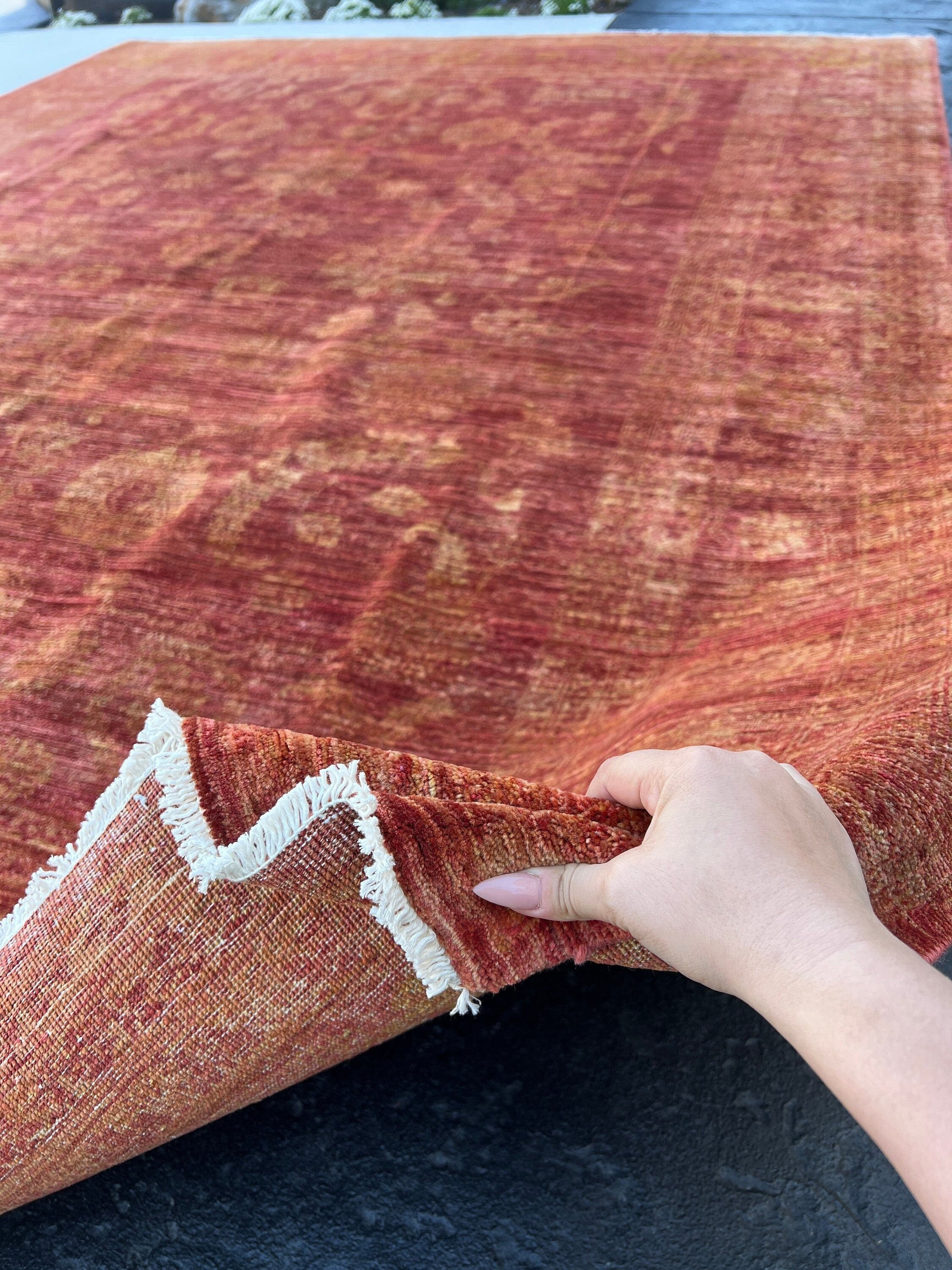 9x11~9x12 Handmade Afghan Rug | Burnt Orange Golden Brown | Tribal Wool Boho Hand Knotted Bohemian Persian Oriental Vintage Rustic