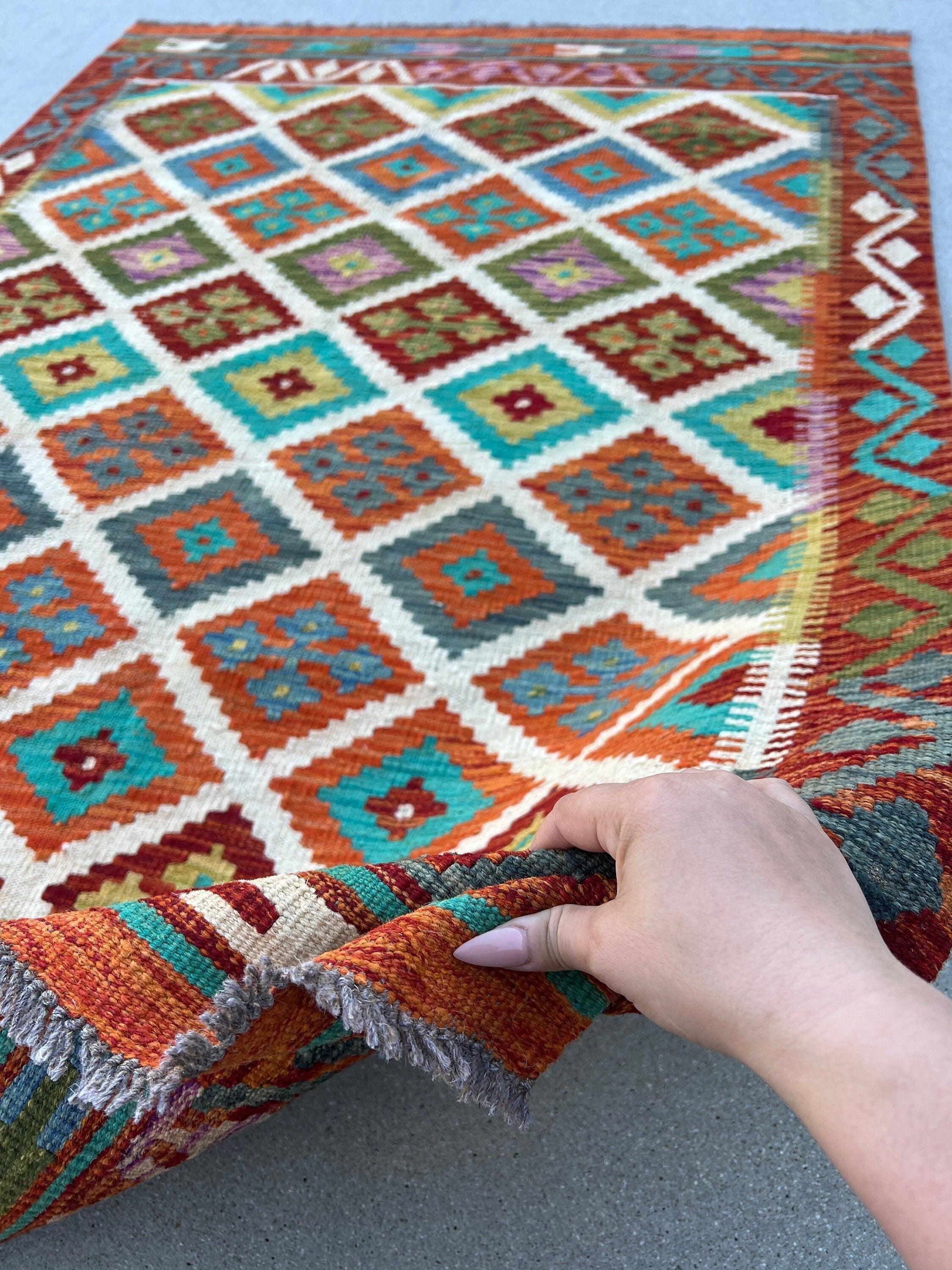 4x6 Handmade Afghan Kilim Rug | Burnt Orange Blue Turquoise Teal Olive Green White Purple | Flatweave Bohemian Flatwoven Geometric Persian