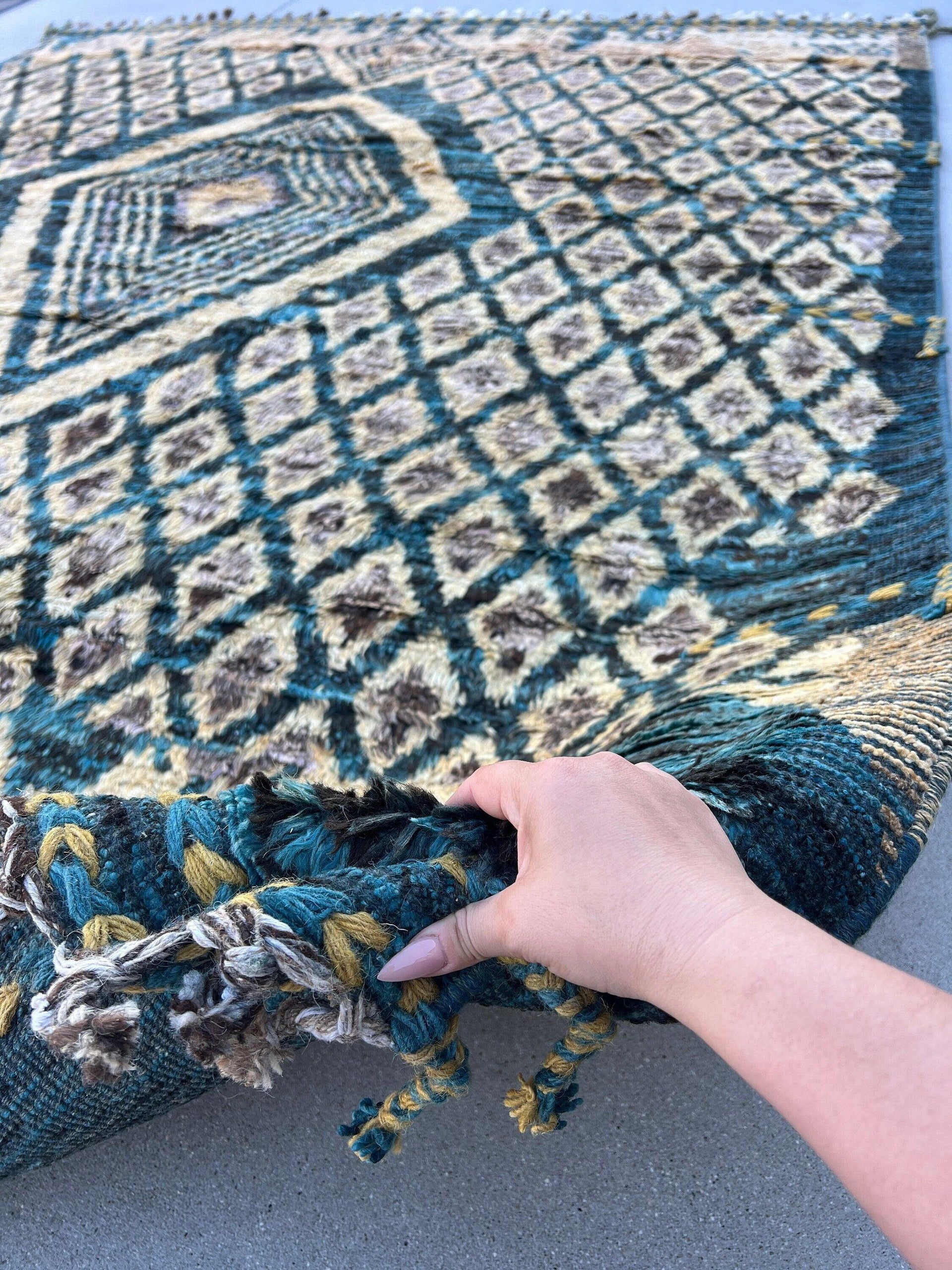 8x10 Handmade Afghan Moroccan Rug | Prussian Baby Blue Beige Cornsilk Golden Yellow Ivory Black Grey Berber Beni Plush Mrirt Boujad Flokati