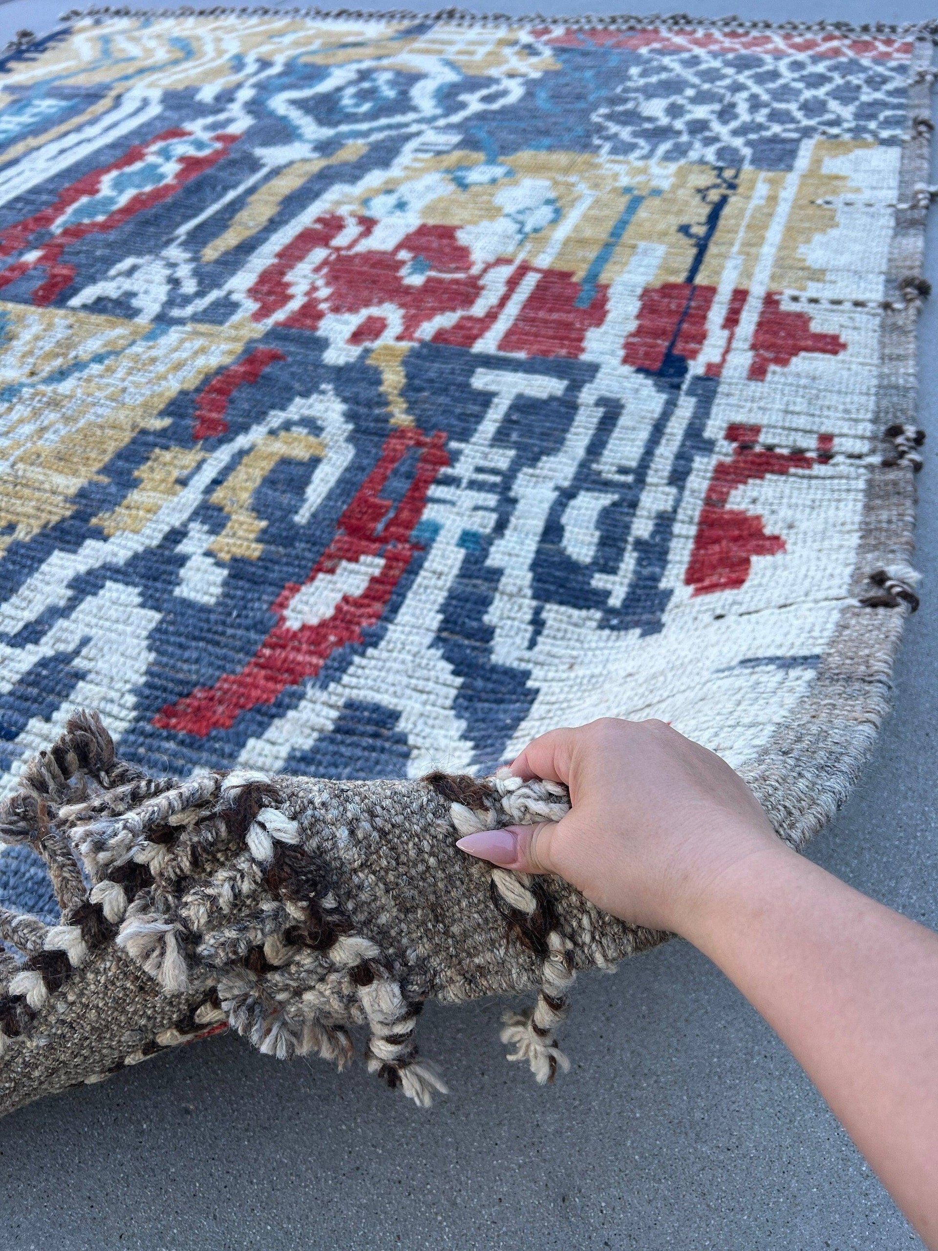 9x11 Handmade Afghan Moroccan Rug | Tan Brown Navy DenimBlue Grey Ivory White Red Black | Berber Beni Plush Turkish Wool Oushak Abstract