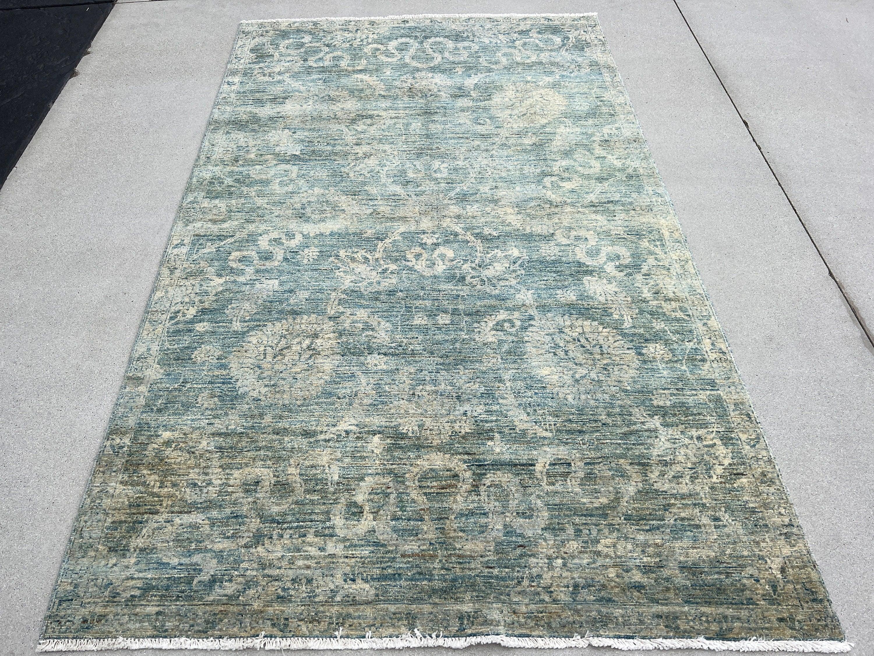5x8 Hand Knotted Handmade Afghan Rug | Muted Teal Beige Grey Ivory Green Brown | Wool Boho Bohemian Contemporary Woolen Distressed