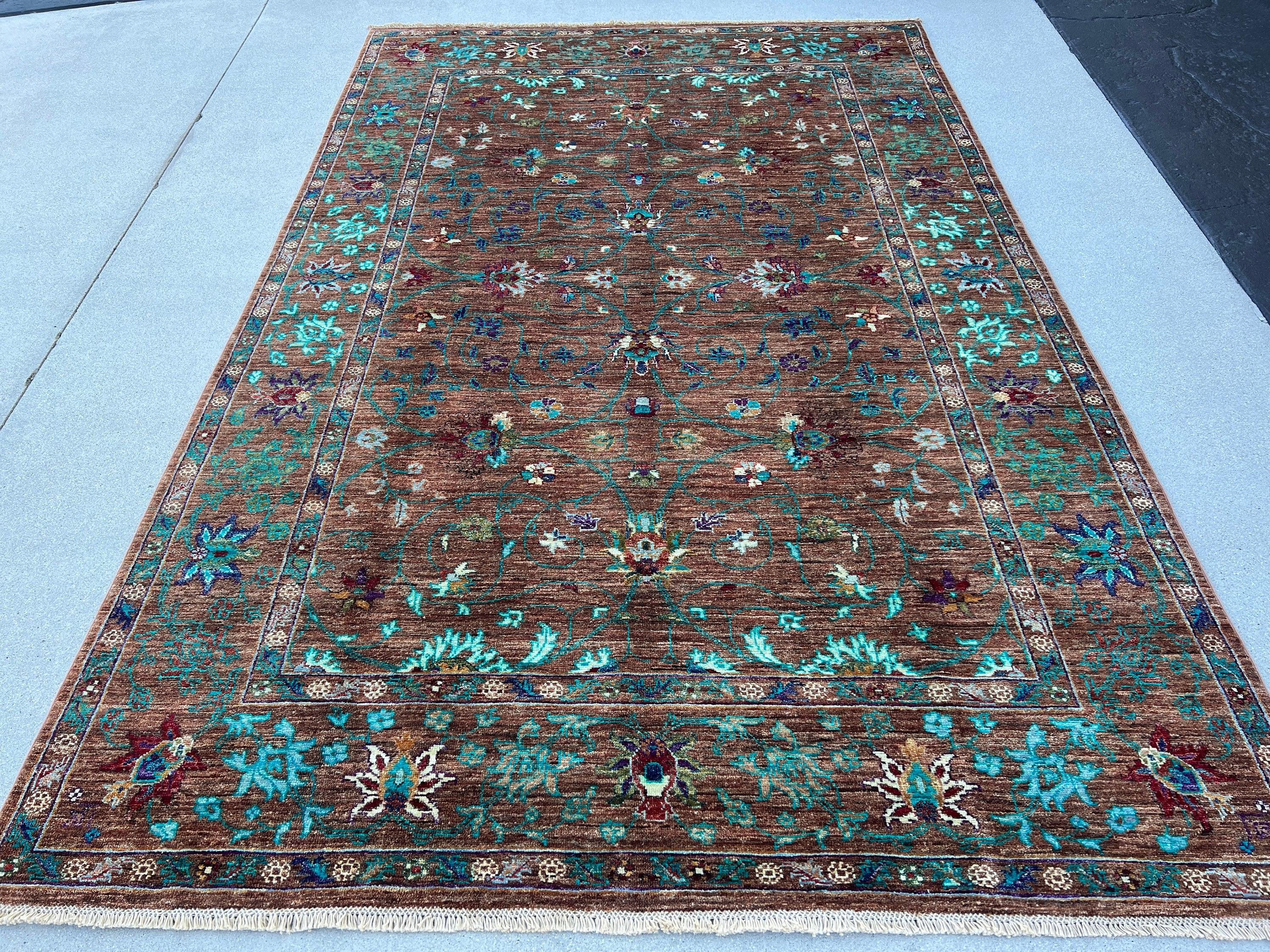 6x8 Handmade Afghan Rug | Brown Turquoise Teal Purple Blue Olive Green Red Orange Ivory | Hand Knotted Persian Bohemian Boho Oushak Serapi