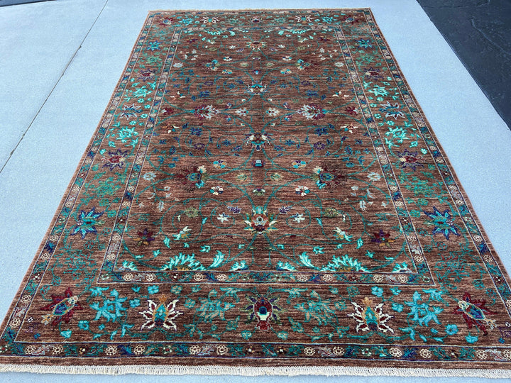 6x8 Handmade Afghan Rug | Brown Turquoise Teal Purple Blue Olive Green Red Orange Ivory | Hand Knotted Persian Bohemian Boho Oushak Serapi