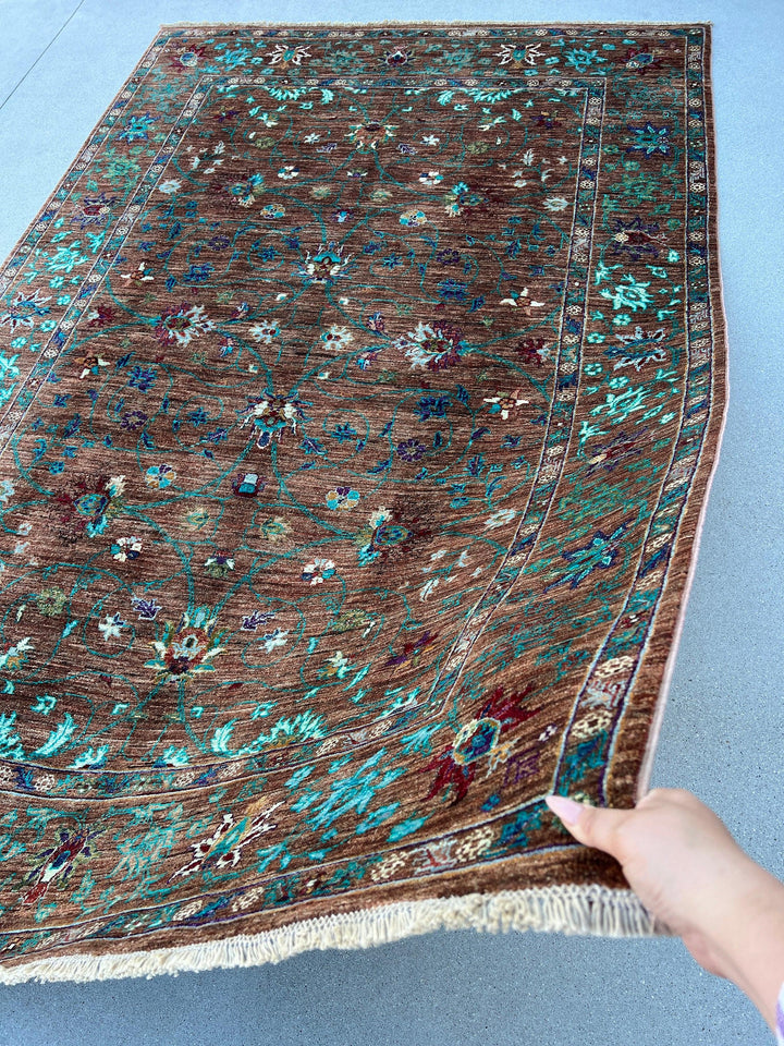 6x8 Handmade Afghan Rug | Brown Turquoise Teal Purple Blue Olive Green Red Orange Ivory | Hand Knotted Persian Bohemian Boho Oushak Serapi