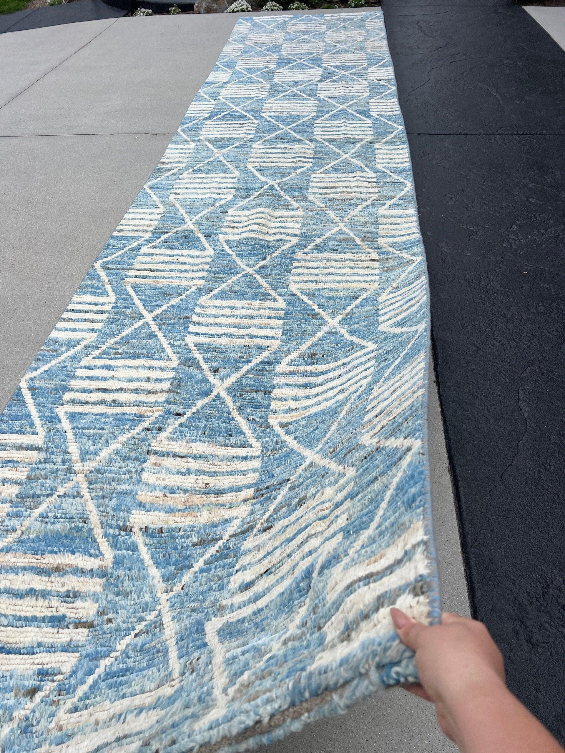 4x19 Handmade Afghan Moroccan Rug | Blue Cream Ivory Grey Brown | Berber Beni Ourain Mrirt Boujad Flokati Wool Hallway Stairs Entryway