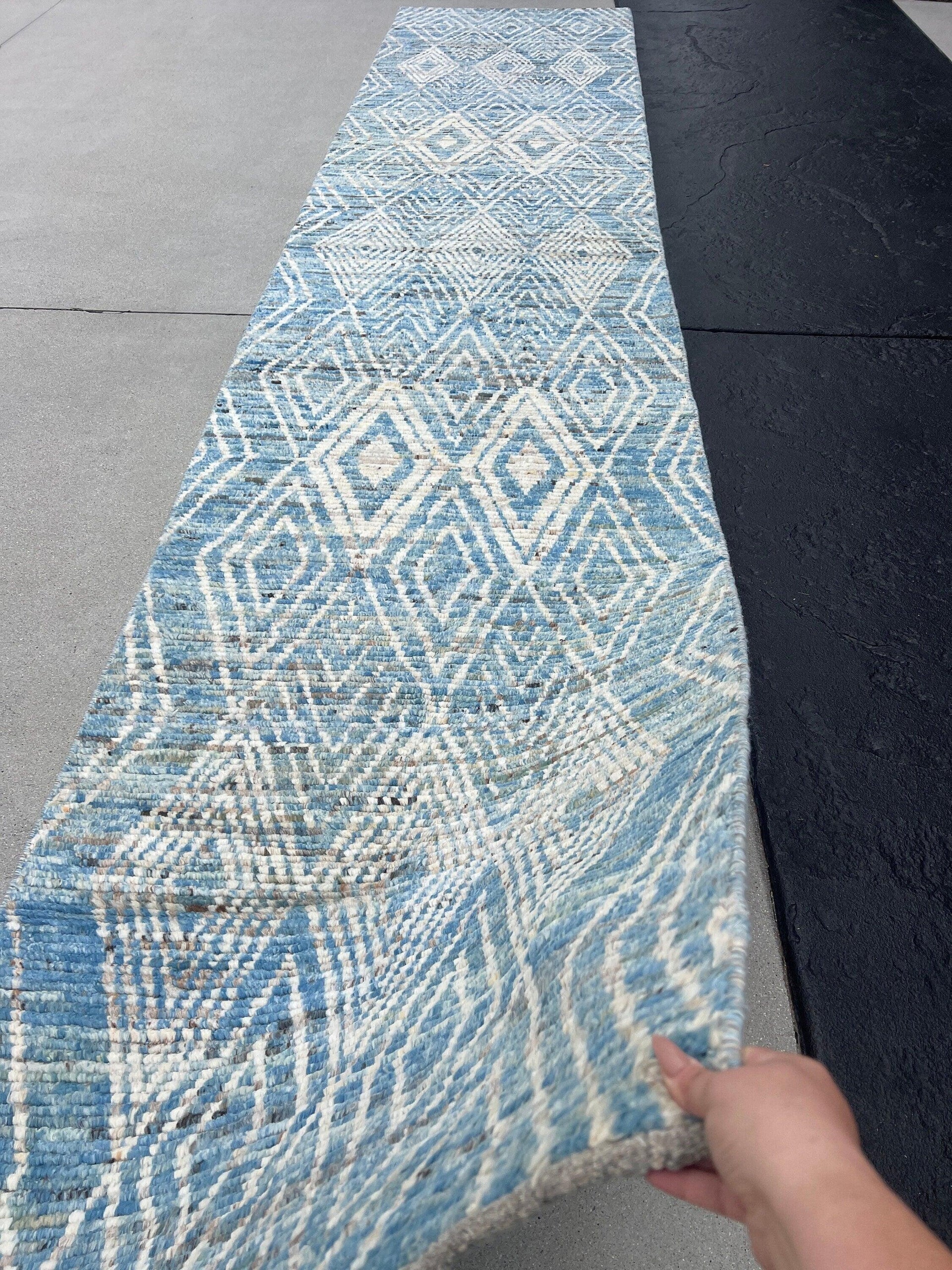 3x15~3x16 Handmade Afghan Moroccan Rug | Blue Cream Ivory Grey Brown | Berber Beni Ourain Mrirt Boujad Flokati Wool Hallway Entryway Stairs